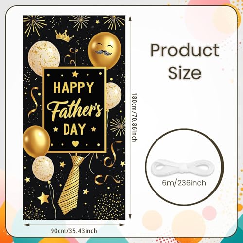 Happy Father's Day Door Cover Black and Gold Fathers Day Door Banner with Mustache Balloon Striped Tie Confetti Best Dad Ever Porch Sign for Home Party Decorations Father's Day Celebration Gift for Dad 70.8 x 35.4 Inch