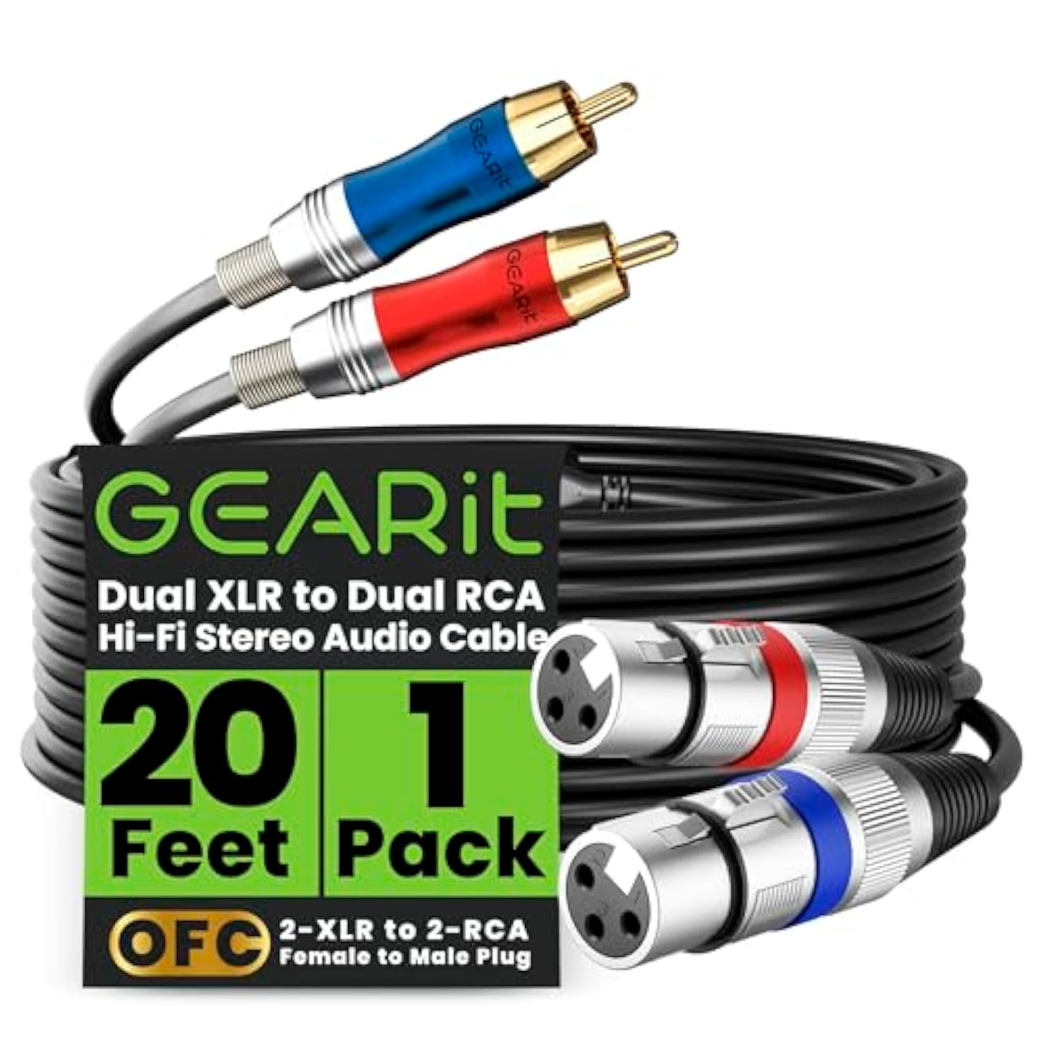 GearIT Dual 2 XLR Female to Dual 2 RCA Male Cable (20ft) 2-XLR to 2-RCA Female