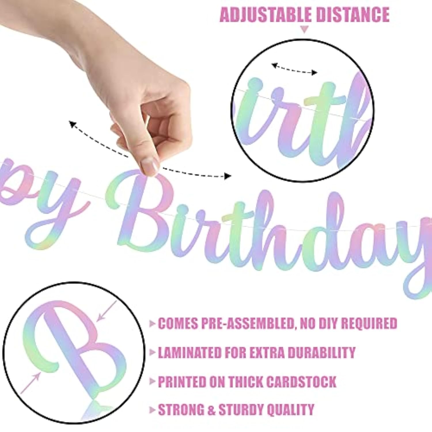 Glitter Iridescent Happy Birthday Banner - Pre-Strung 10 Feet, Happy Birthday Sign For Women Men Boys And Girls Iridescent Birthday Decorations