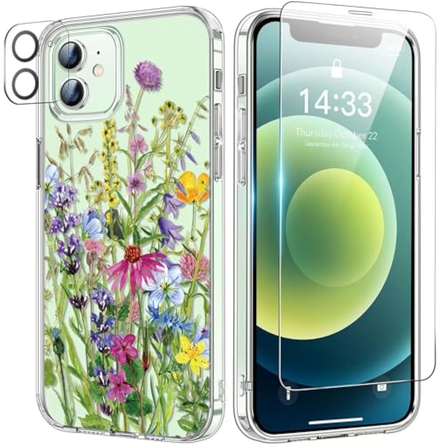 For 11 Case With Screen Protector And Camera Lens Protector - Fashionable Flower Floral Designs For Women Girls - Shockproof Acrylic Clear Phone Cover 6.1" Blooming Flowers