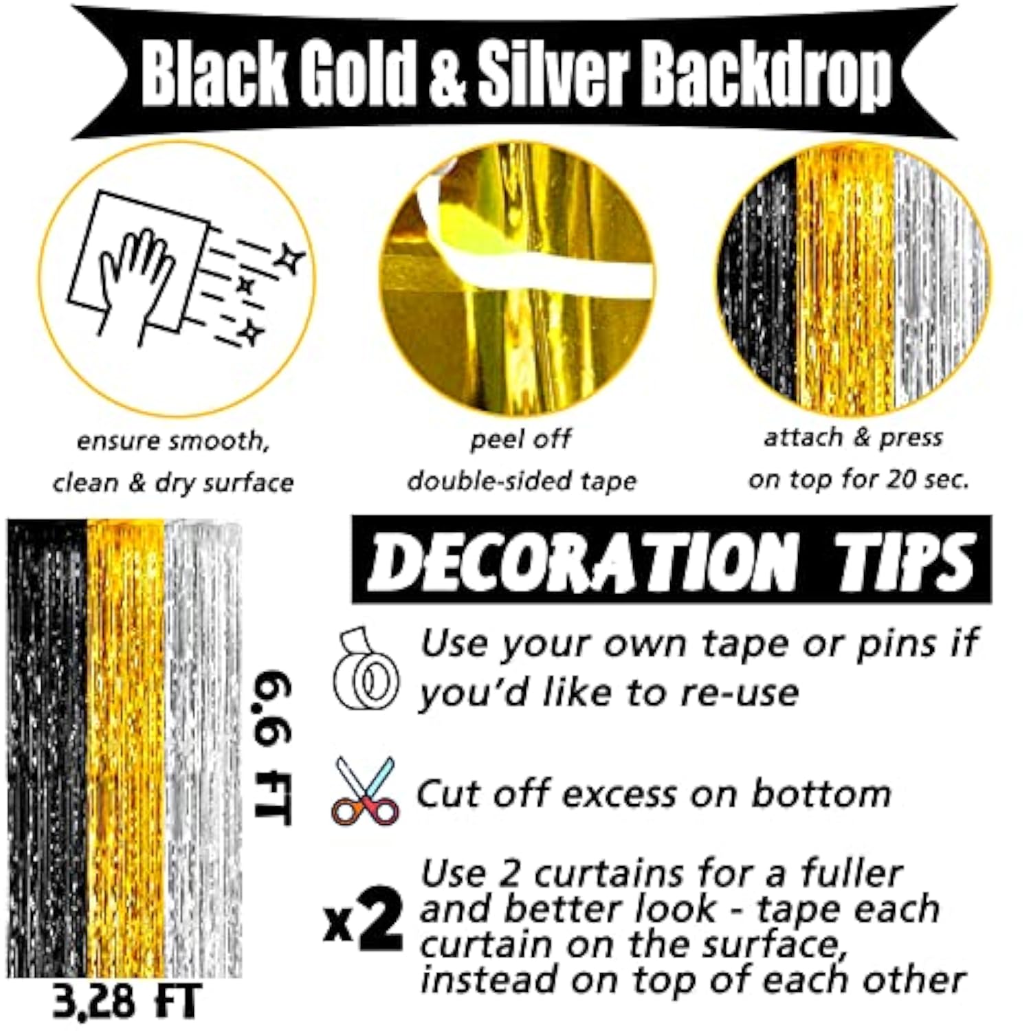 4 Pack 3.2Ft X 6.6Ft Black Gold Silver Fringe Curtain Backdrop, Metallic Tinsel Foil Fringe Streamers Curtains Background For Wedding Notorious One Birthday Roaring 20S Graduation Party Decoration