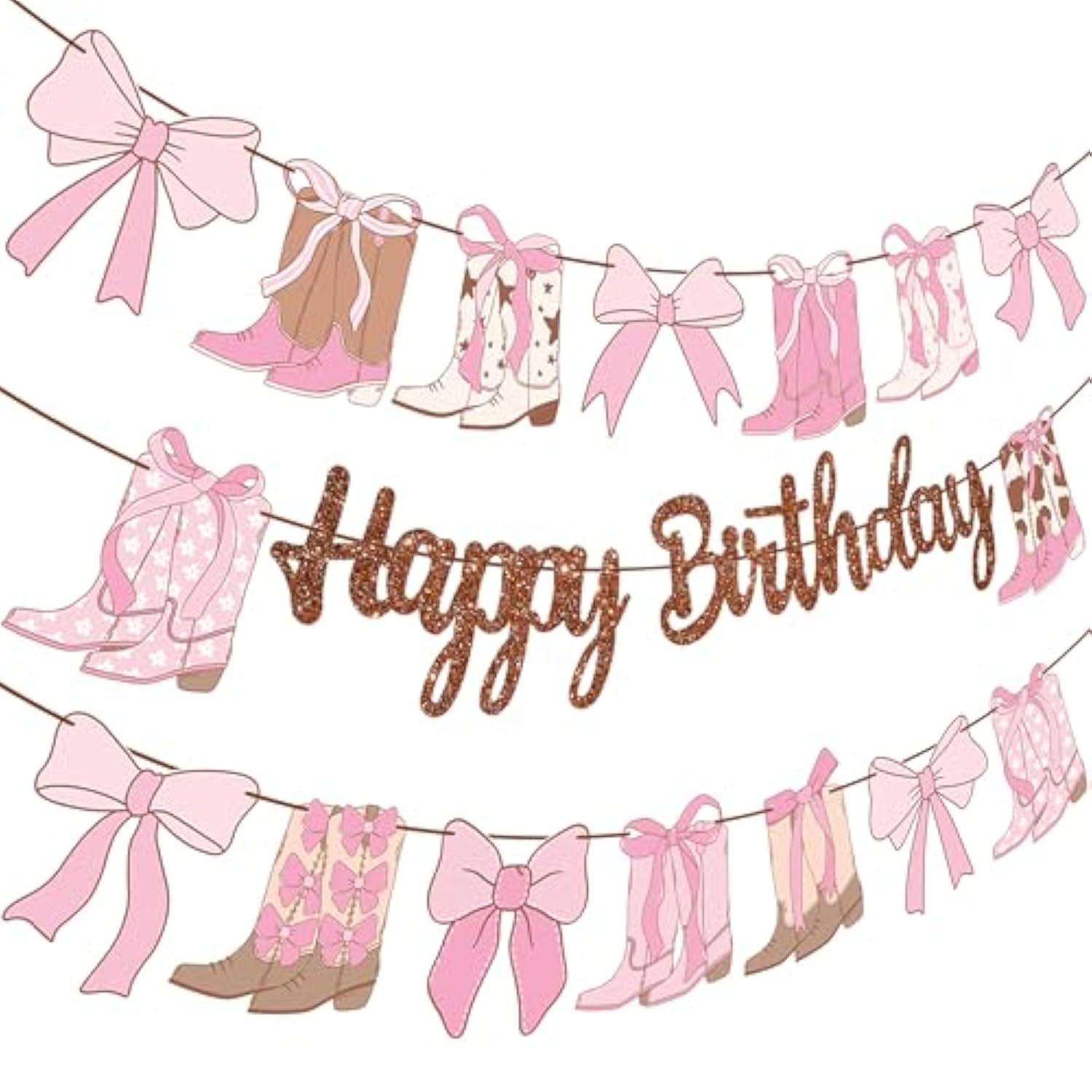 Cowgirl Boots Bow Banners 3Pcs Western Coquette Glitter Birthday Party Decor