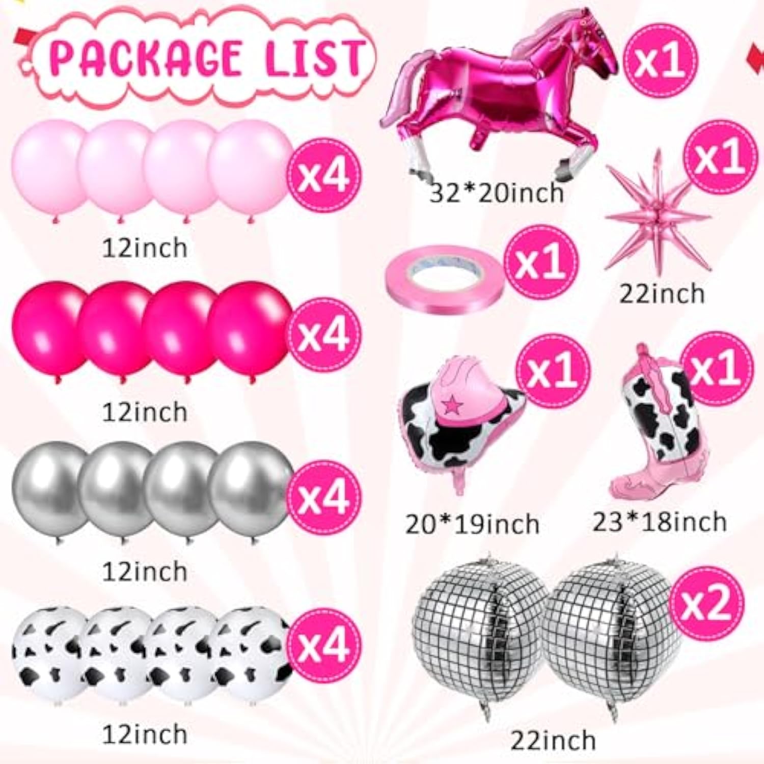 23 Pcs Cowgirl Theme Party Balloons Set Cow Print Cowgirl Hat Boot Pink Silver Star Balloons Ribbon For Western Theme Decorations Retro Horse Rodeo Party Supplies (Horse)