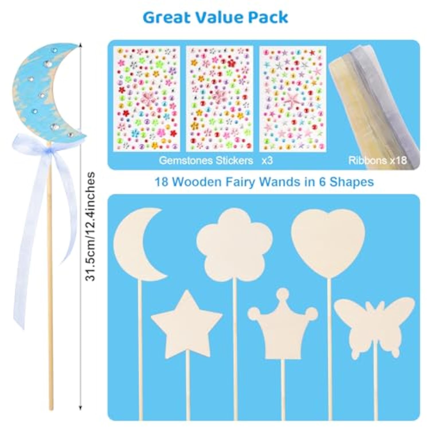 Princess Fairy Wand Kit Include 18 Unfinished Wood In 6 Styles 3 Sheet Gem Stickers 18 Ribbons Craft Kit For Halloween Princess Fairy Cosplay Party Favors For Adult