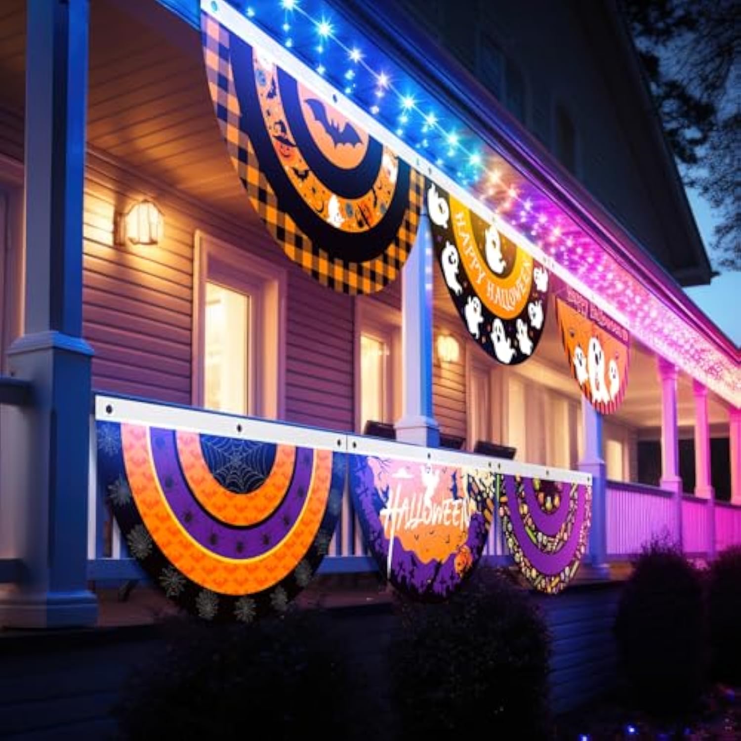 6pcs Halloween Bunting Fan Flags Ghost Pumpkin Half Banner 1.5x3ft Indoor Outdoor Decor