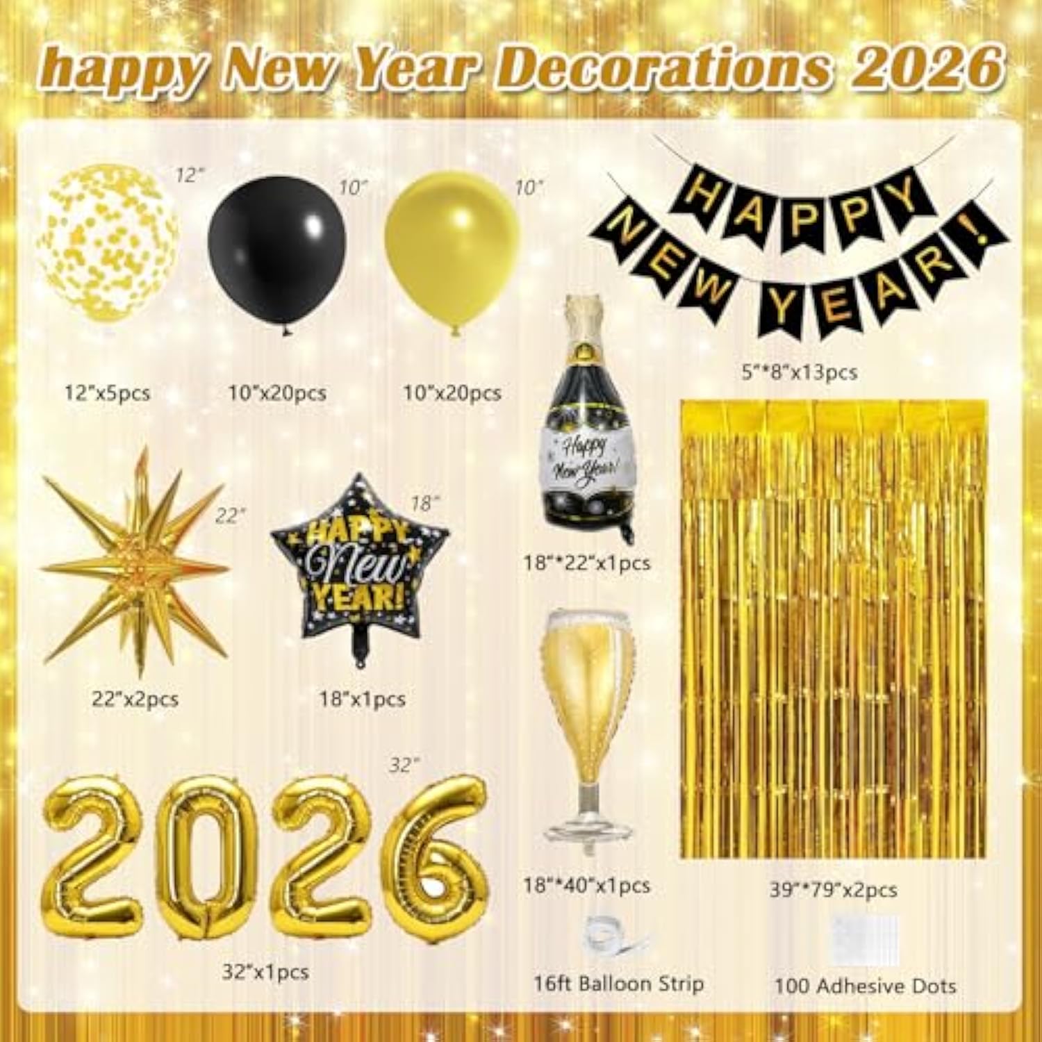 Black Gold New Year 2026 Party Set with Balloons, Banner & Fringe Backdrop