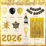 Black Gold New Year 2026 Party Set with Balloons, Banner & Fringe Backdrop