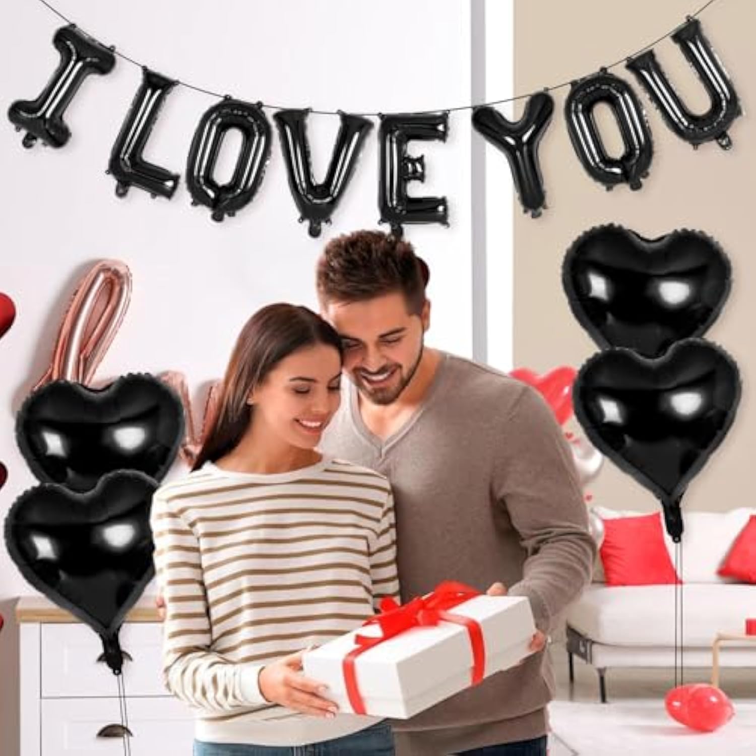 16 Inch Black I Love You Letter Balloons,18 Inch Heart Balloons Valentines Day Balloon, Love Foil Balloon Banner For Valentines Wedding Engagement Galentines Day Bridal Shower Decor