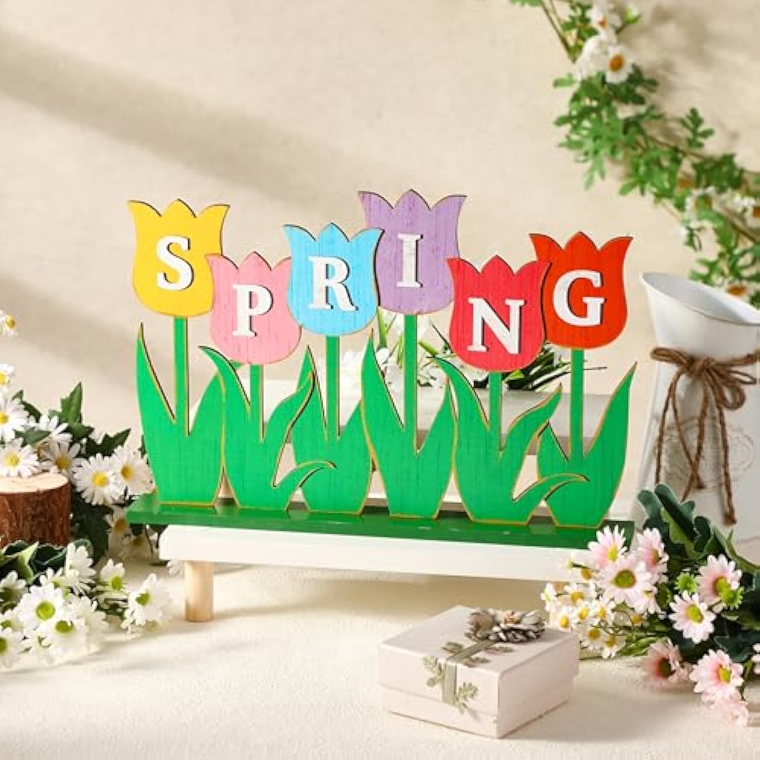 Wooden Tulips Table Decorations Spring Flowers Table Centerpieces Rustic Farmhouse Tulips Tiered Tray Decor For Home Spring Easter Wedding Anniversary Party Tabletop Decoration