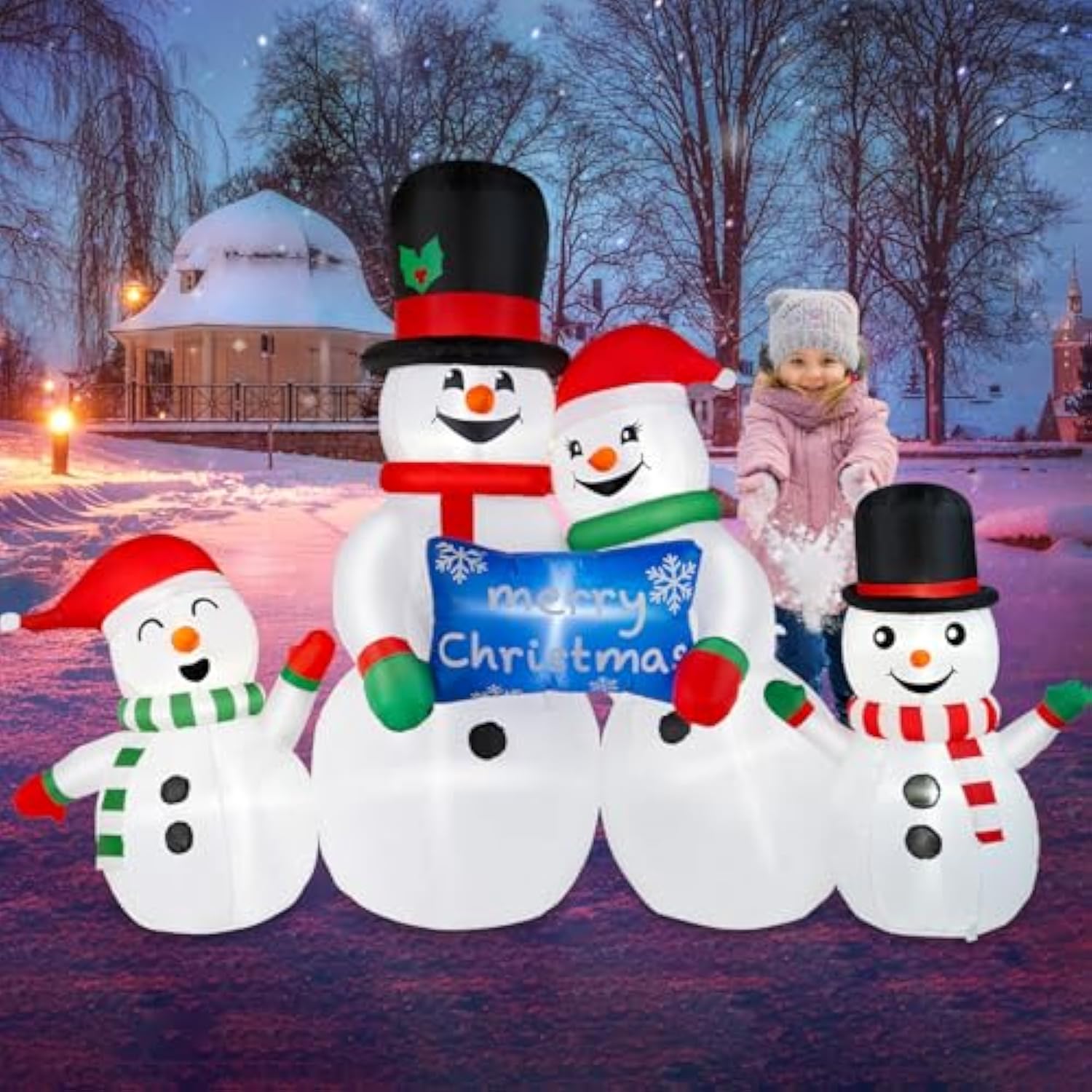 8Ft Long Christmas Inflatables Outdoor Decorations, Blow Up Snowman Family Inflatable Christmas Decor With Built-In Leds