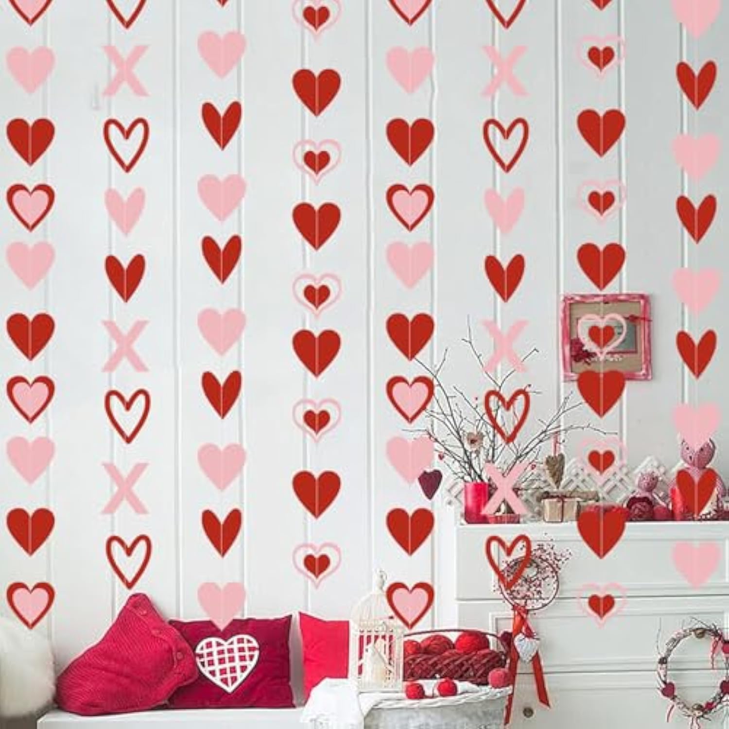 8Pcs Heart Garland Red & Pink, Valentines Day Decorations, Valentine'S Day Garlands Valentines Hanging Heart Garland Decorations For Wedding, Engagement, And Home Decor Happy Valentines Day Decoration