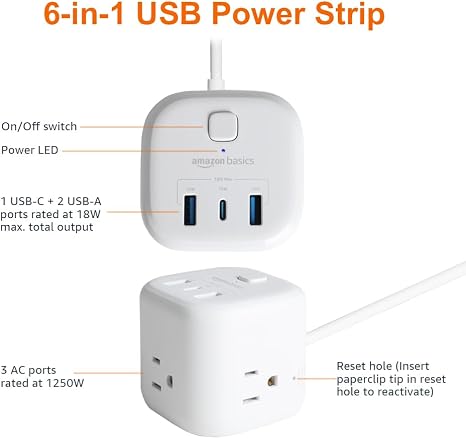 Cube Power Strip with 3 AC Outlets and 3 USB Ports including 15W USB-C and 5 ft Cord