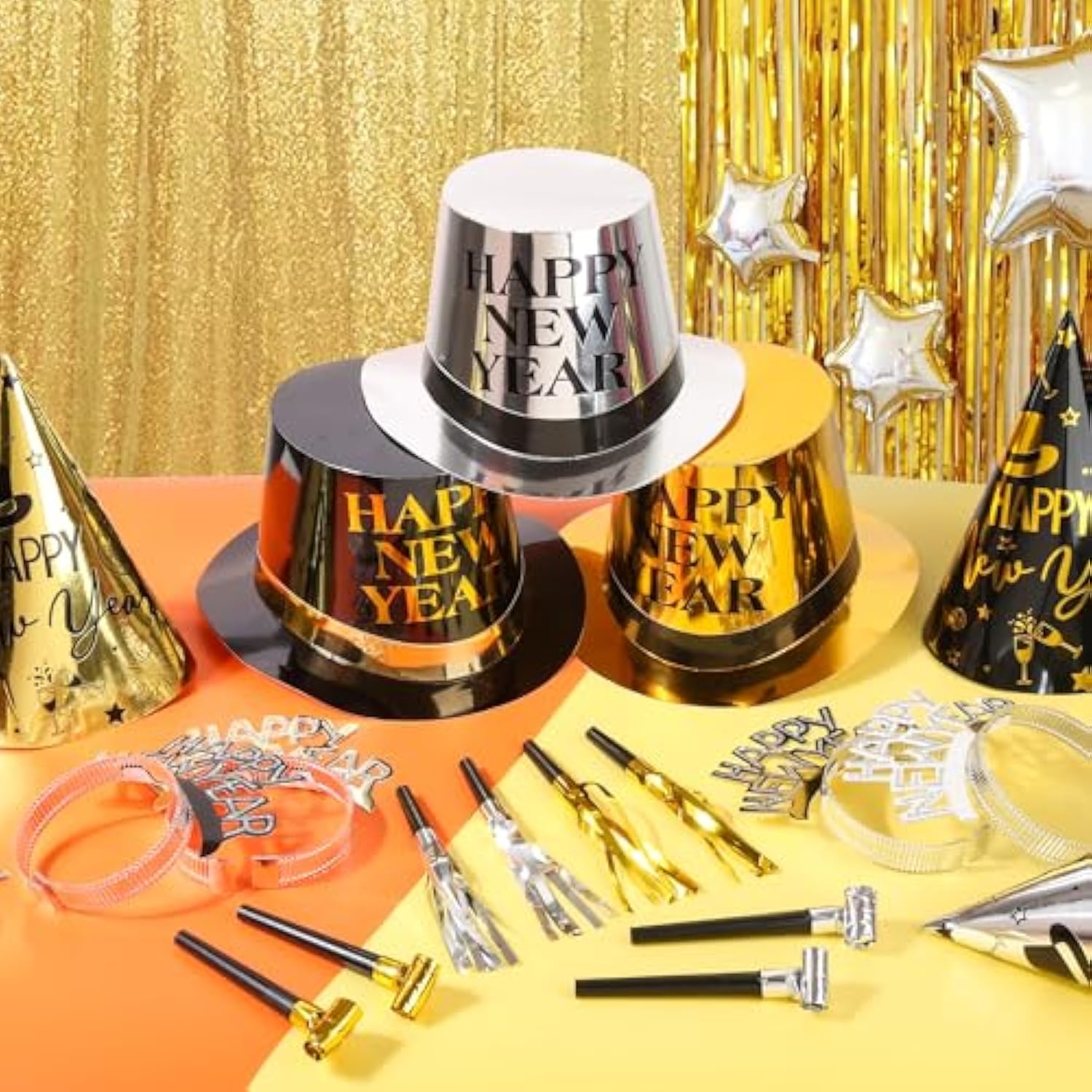 50 Pcs Black Gold Happy New Year 2026 Party Supplies Kit