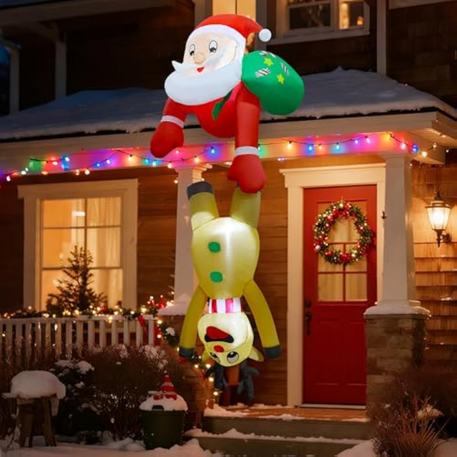 7 Ft Christmas Inflatable Outdoor Decorations, Blow Up Santa Claus With Reindeer Hanging Xmas Inflatables Decor With Led