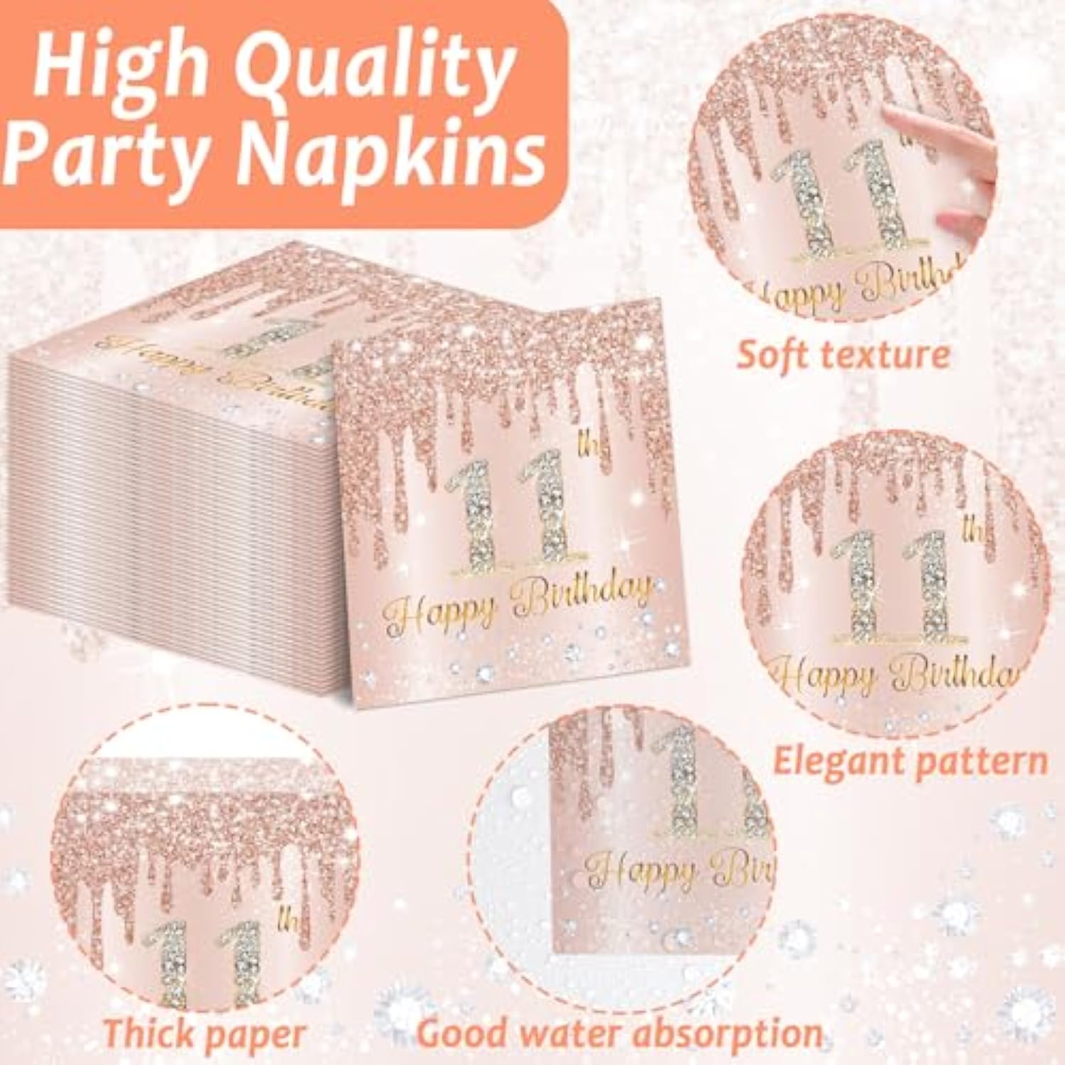 96 Pcs Rose Gold 11Th Birthday Party Decorations For Girls Happy 11 Years Birthday Paper Plates And Napkins Pink Rose Gold Party Tableware Set For 24 Guests Parties Supplies