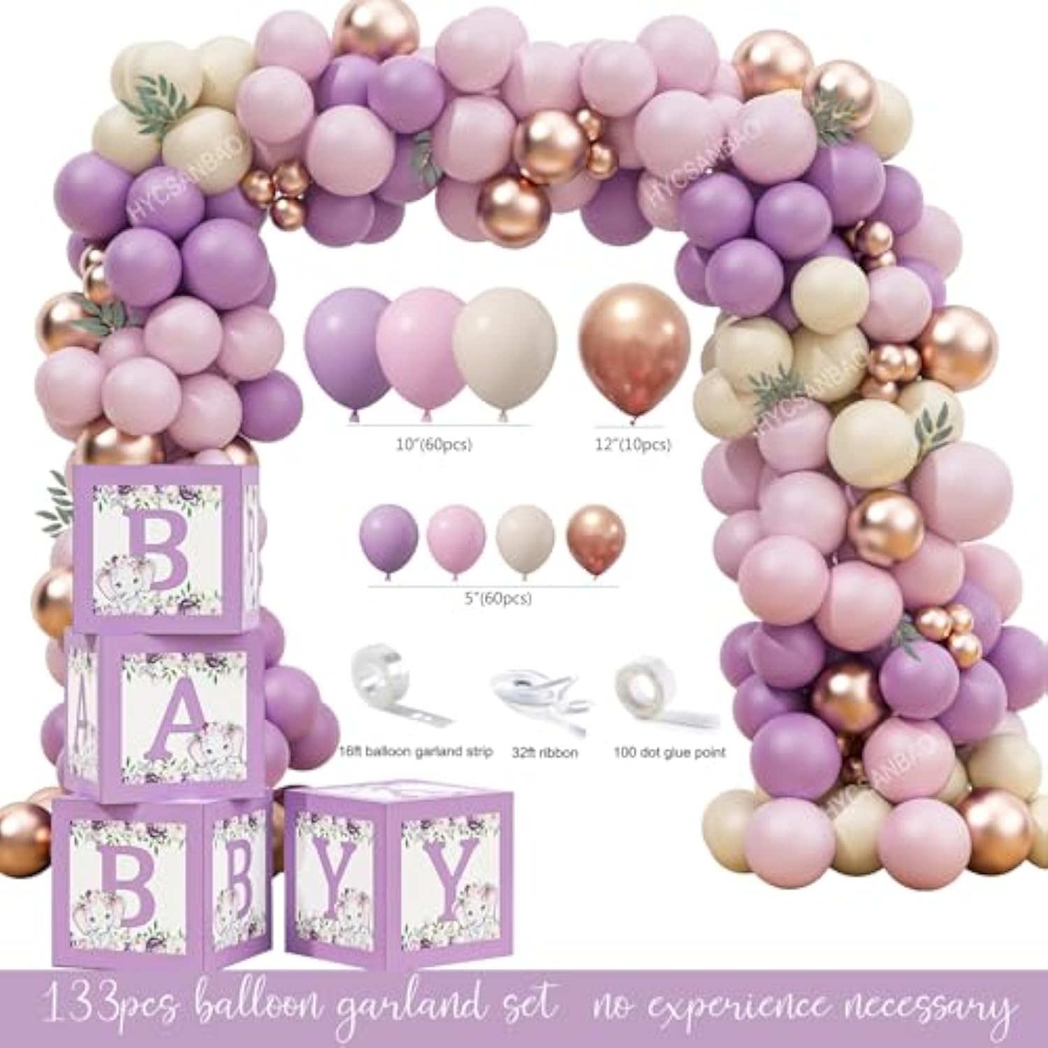 Elephant Baby Shower Decorations For Girl, Pink Purple Elephant Baby Shower Party Supplies, It'S A Girl Backdrop Tablecloth Elephant Balloon Arch Baby Box Sweet Baby Girl Banner Mom To Be Sash