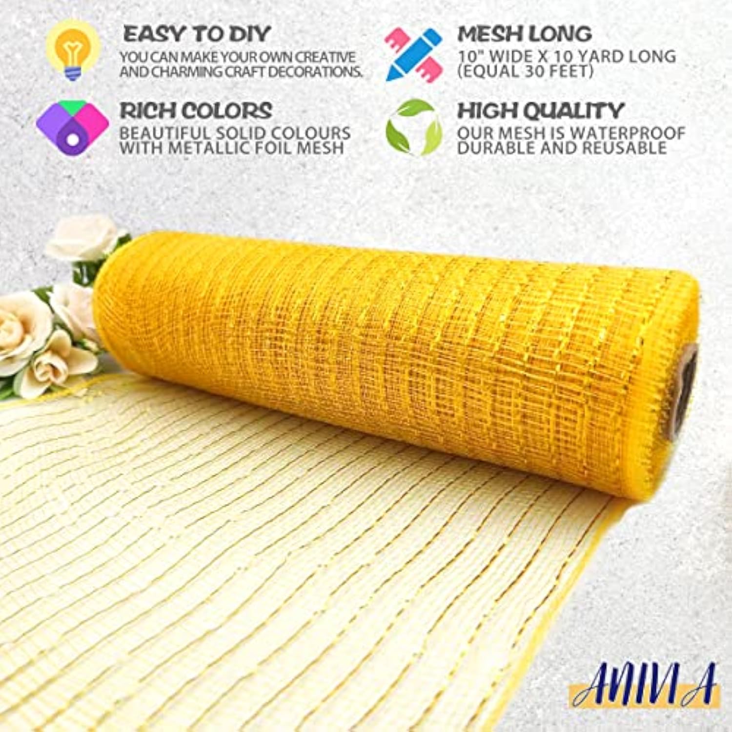 Deco Mesh Ribbon, 10Inch X 30 Feet Each Roll Metallic Foil Mesh Ribbon For Wreaths Swags, Holloween, And Christmas Tree Decoration (Gold/Gold Foil)