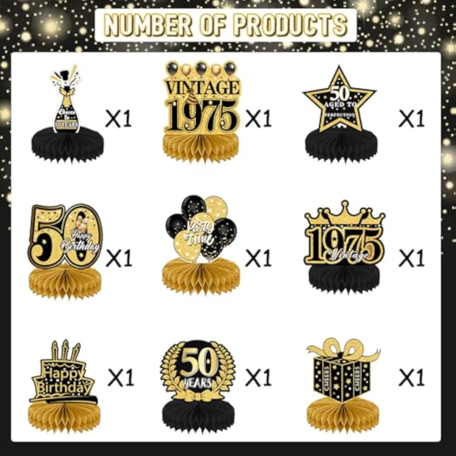 9Pcs Black Gold 50th Birthday Centerpieces – Vintage Table Decorations for Men & Women Party