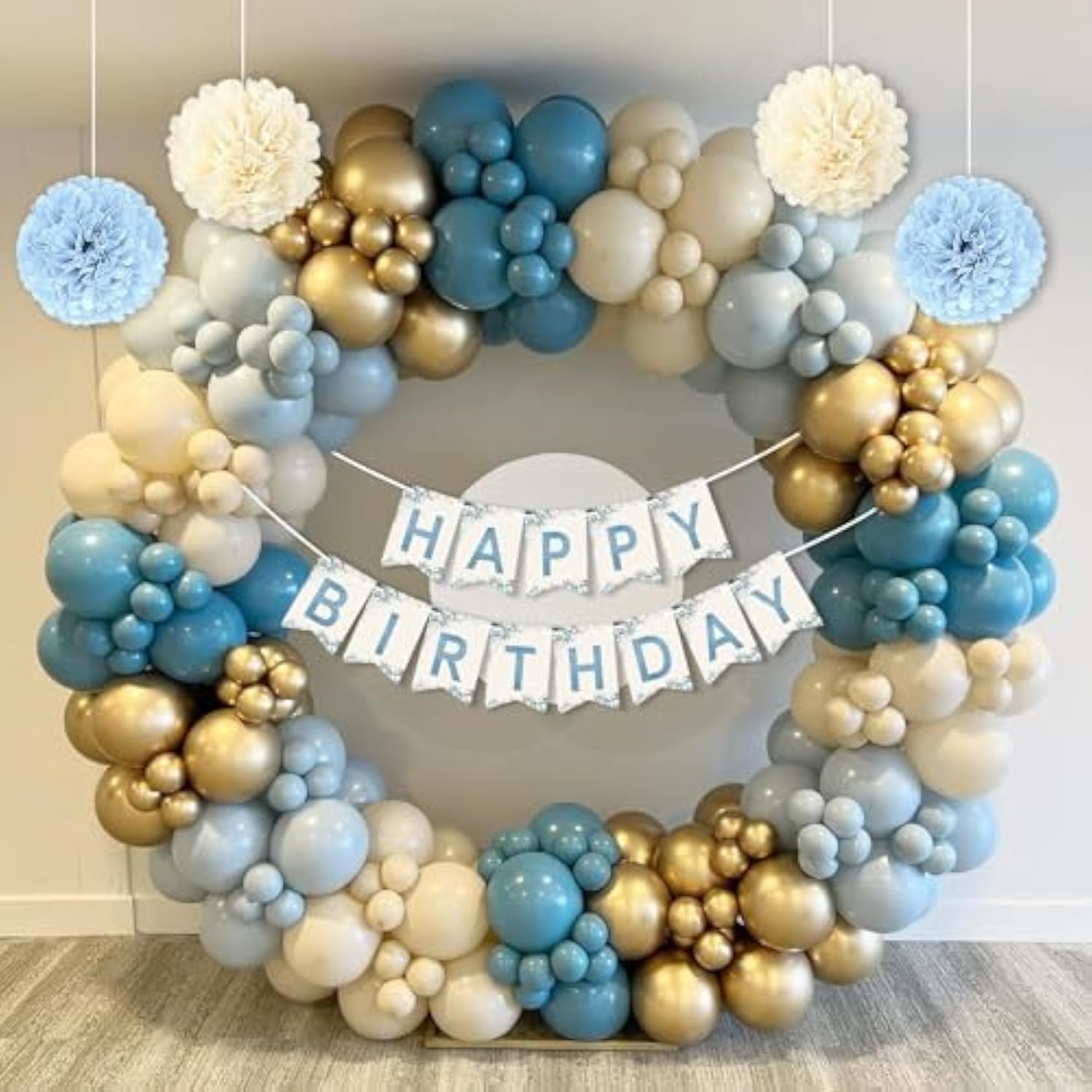Dusty Blue & Gold Birthday Decor Set - Balloons, Banner, Pom Poms, Curtain and Tablecloth