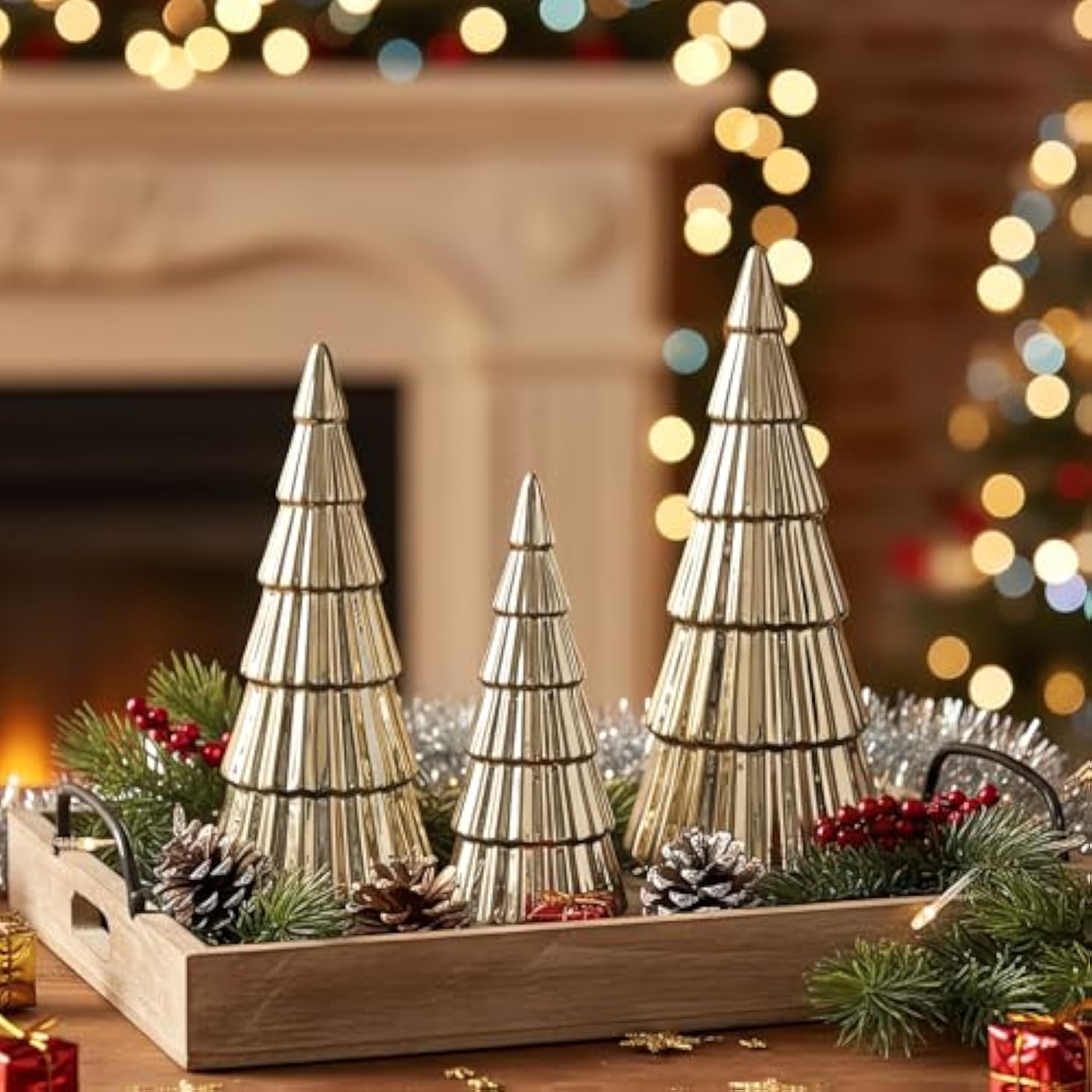 3 Pieces Gold Ceramic Christmas Tree Figurines Tabletop Small Decorative Xmas Tree Desktop 6.3" & 8.1" & 10.2" Tall Holiday Table Centerpieces For Office Home Mantle Shelf Cabinet Decor Indoor