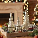 3 Pieces Gold Ceramic Christmas Tree Figurines Tabletop Small Decorative Xmas Tree Desktop 6.3" & 8.1" & 10.2" Tall Holiday Table Centerpieces For Office Home Mantle Shelf Cabinet Decor Indoor