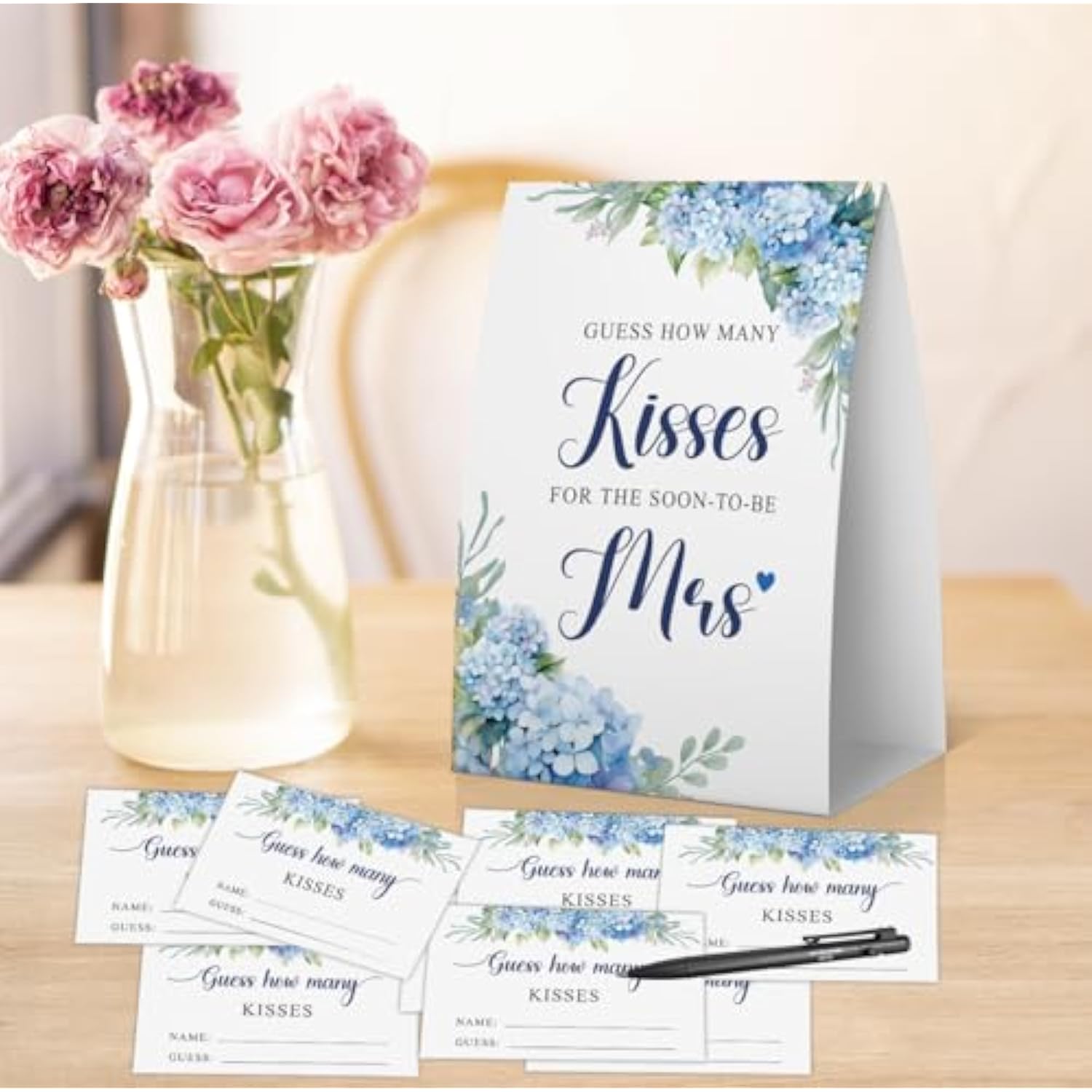 How Many Kisses Bridal Shower Game (1 Sign + 50 Cards), Blue Floral Bridal Shower Games, Something Blue Before I Do Decorations, Bachelorette Guessing Game, Kisses In The Jar Sign -Ghmk05