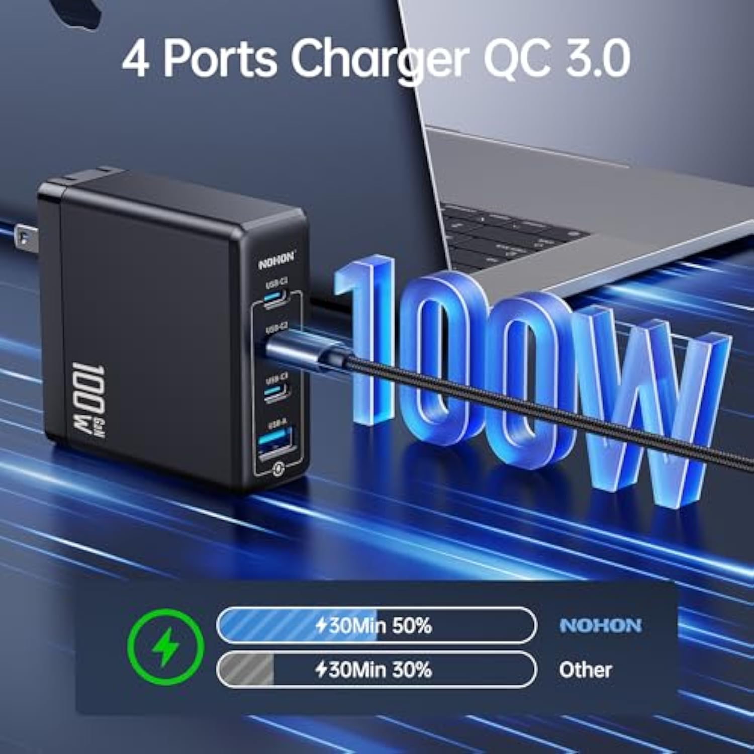 Usb-C Fast Charger Adapter: 100W Pd 3.0 Gan Wall Block | Foldable Plug With 140W Pd3.1 Type-C Cable 3.93Ft | 3-Port Compatible With Macbook Pro Ipad Laptop Iphone 12 13 14 15 Galaxy S23