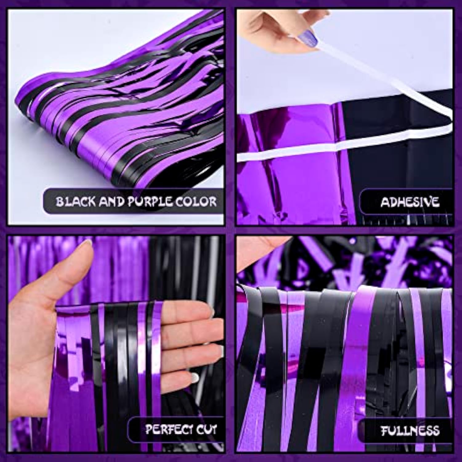 3 Pack Black Purple Foil Fringe Curtains Halloween Backdrop Streamers Party Decor