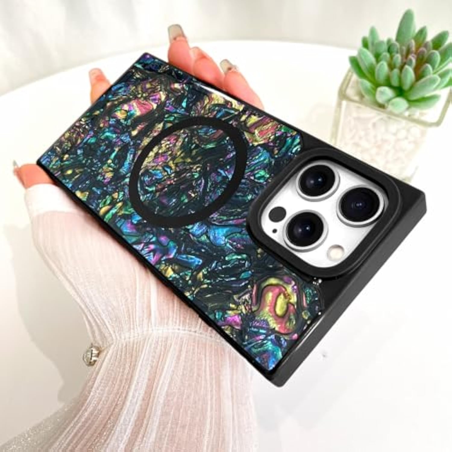 Magnetic Rectangle For Iphone 16 Pro Max Case, Compatible With Magsafe Luxury Sparkle Opalescent Pearl For Women Girls Glossy Glitter Protective Phone Case With Screen Protector, Abalone