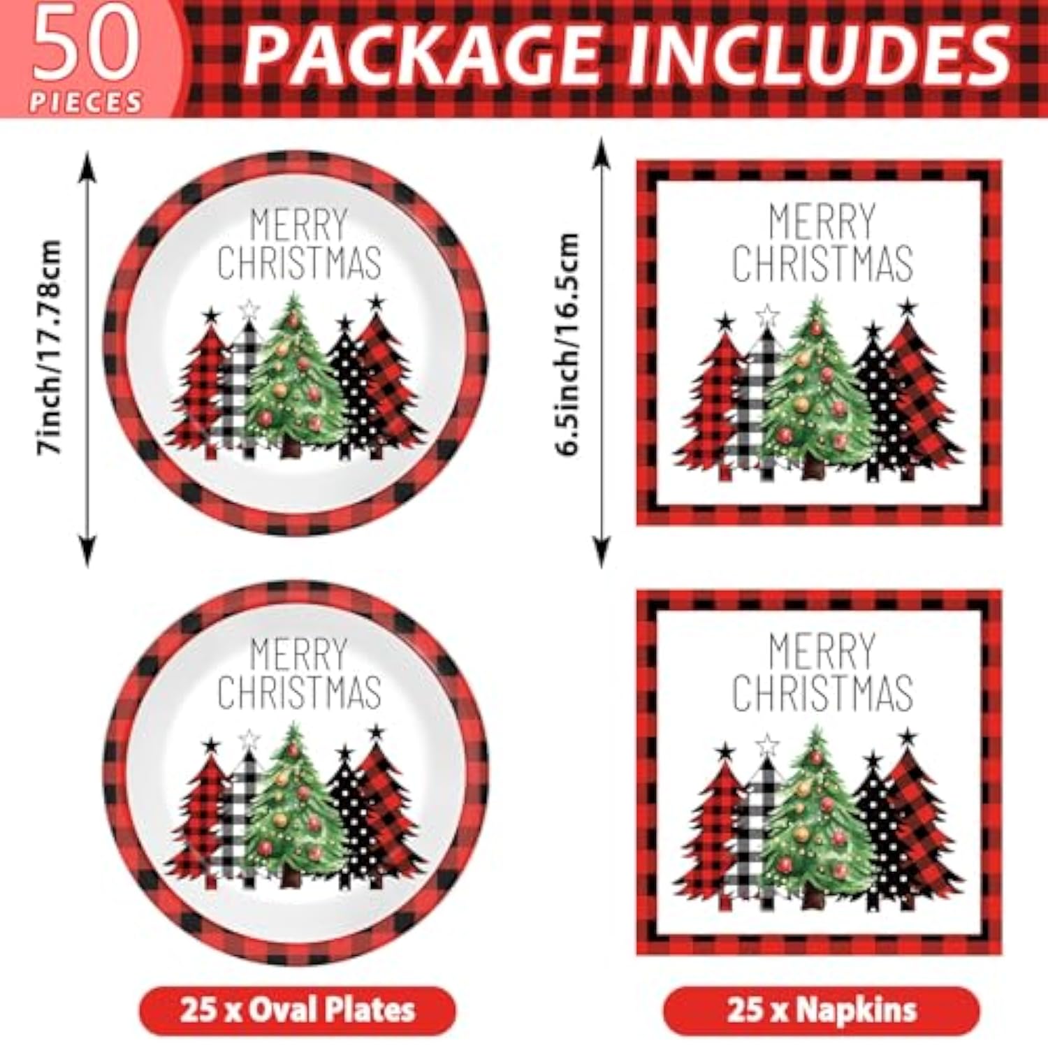 50Pcs Christmas Buffalo Plaid Tree Paper Plates And Napkins Red And Black Gingham Table Decoration Merry Christmas Disposable Party Tableware Set Serves 25 Guest Winter Xmas Holiday Party Supplies