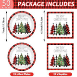 50Pcs Christmas Buffalo Plaid Tree Paper Plates And Napkins Red And Black Gingham Table Decoration Merry Christmas Disposable Party Tableware Set Serves 25 Guest Winter Xmas Holiday Party Supplies