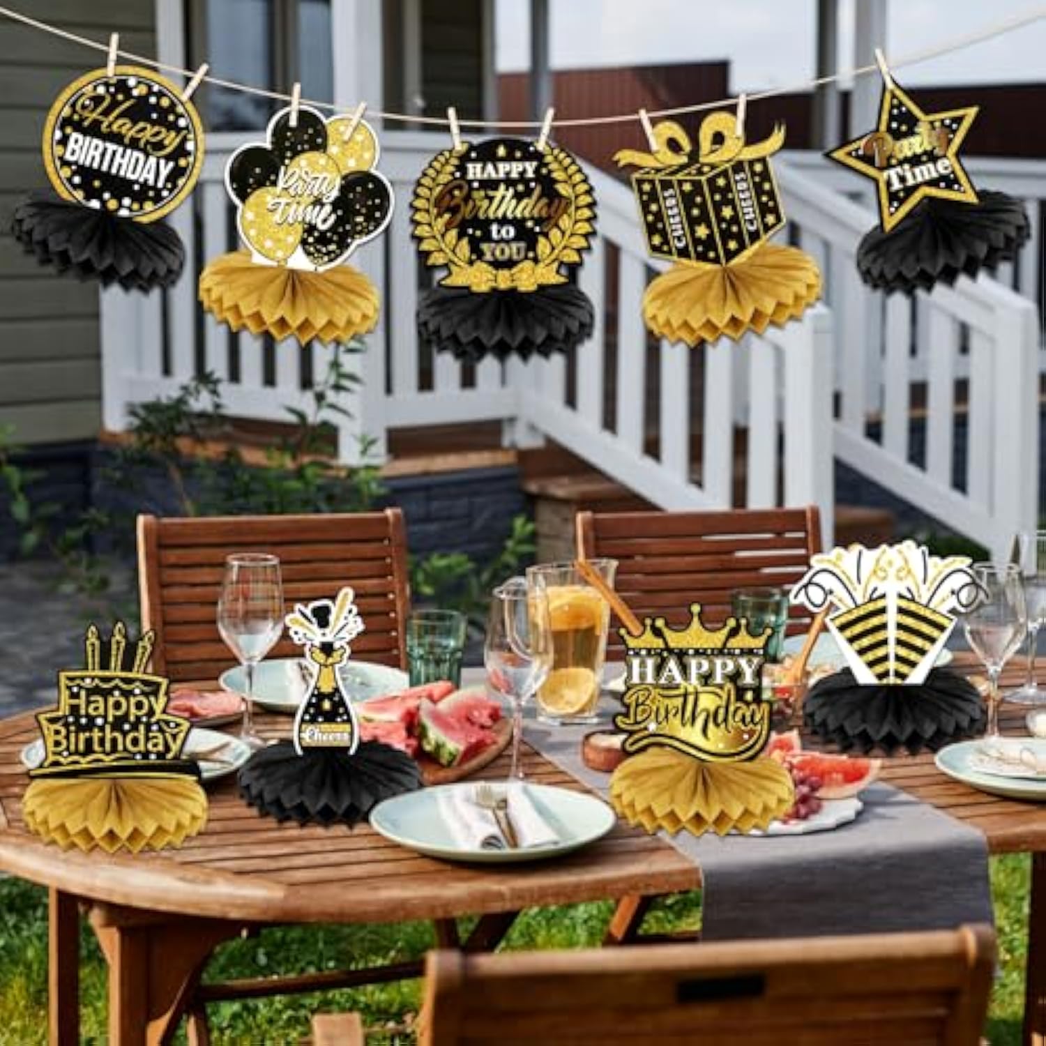 9 Pcs Happy Birthday Party Table Decorations | Black And Gold Birthday Center Pieces For Table | Birthday Honeycomb Table Centerpieces | Reusable Birthday Table Toppers For Girls Boys Women Men