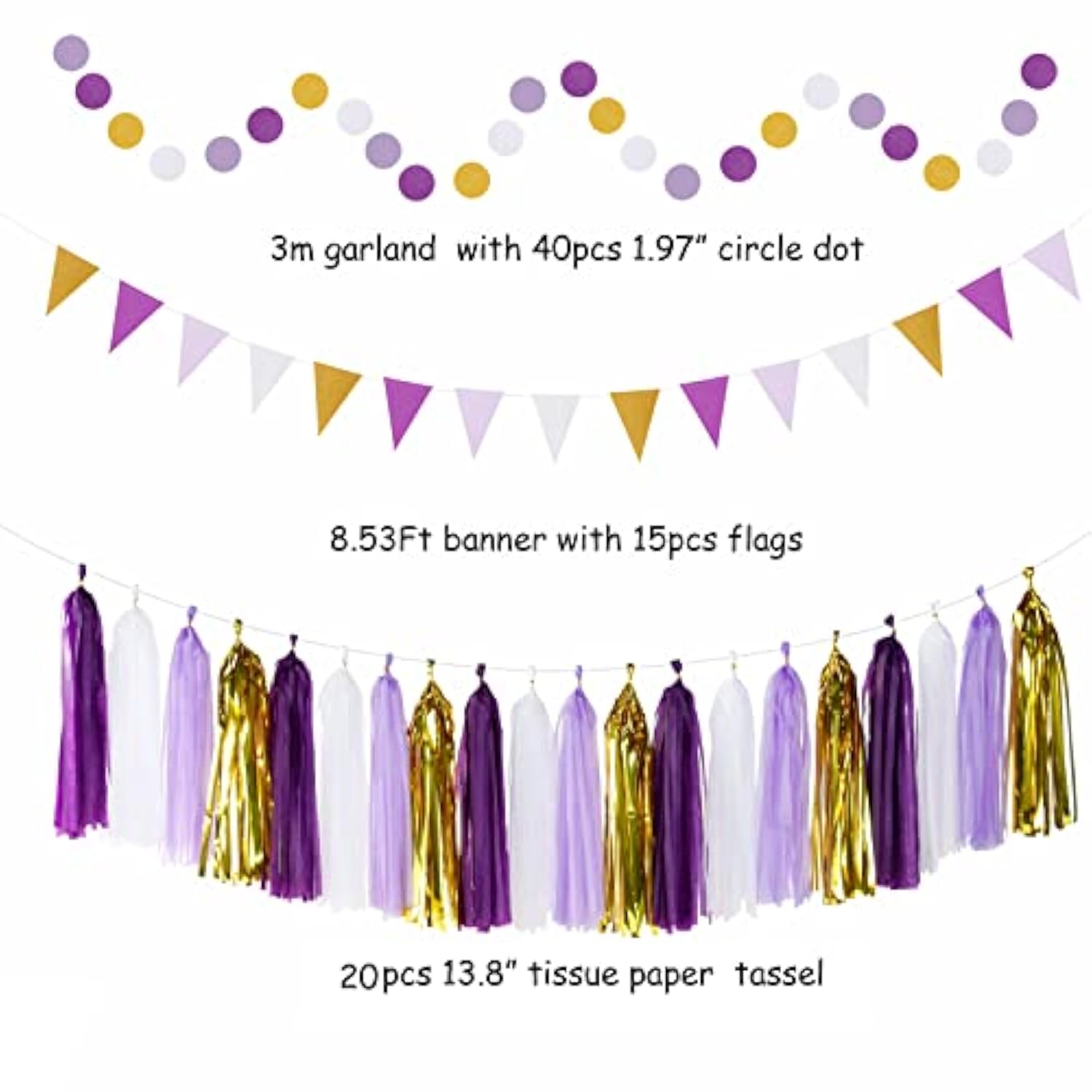 Purple-Gold Graduation Party-Decoration - 33Pcs Kits Banner, Streamers Tassel Garland,Tissue Pom Poms Honeycomb, Paper Lantern Fans,Wedding Girl Birthday Baby Bridal Shower Decor