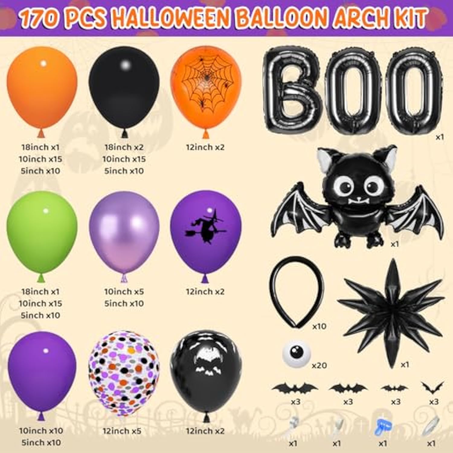 Halloween Balloon Arch Kit: Spider, Bat, Star, Confetti - 176 PCS