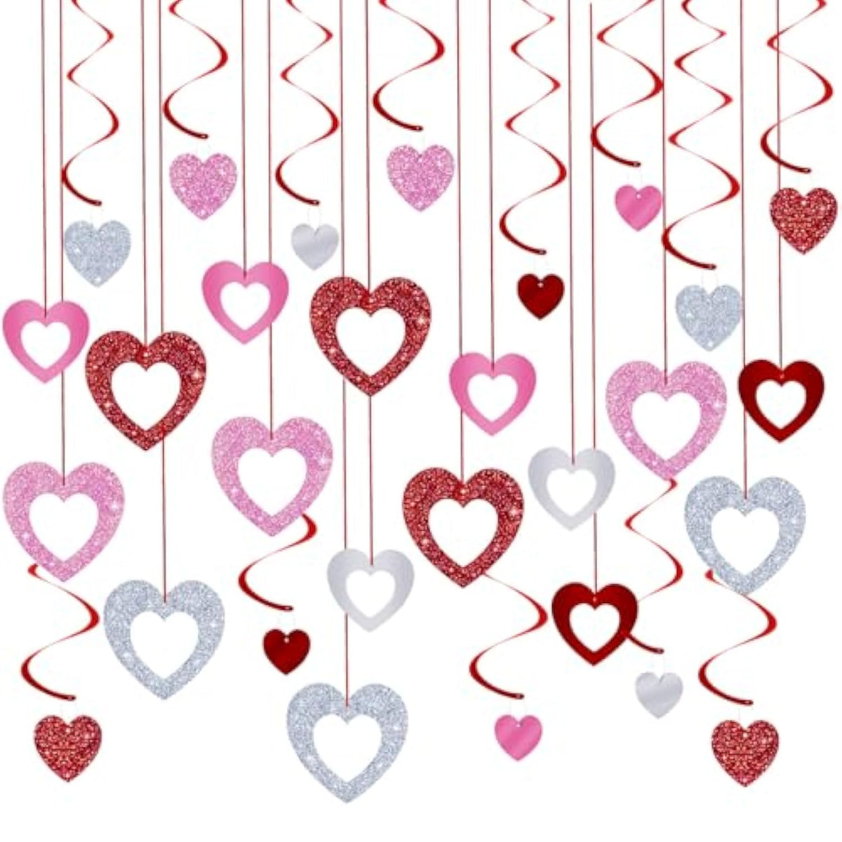 48 Pcs Valentine'S Day Decorations Glitter Valentines Heart Garland Ornament Red Pink Silver Heart Hanging Swirls Ceiling Decorations For Valentines Day Galentines Day Party Supplies