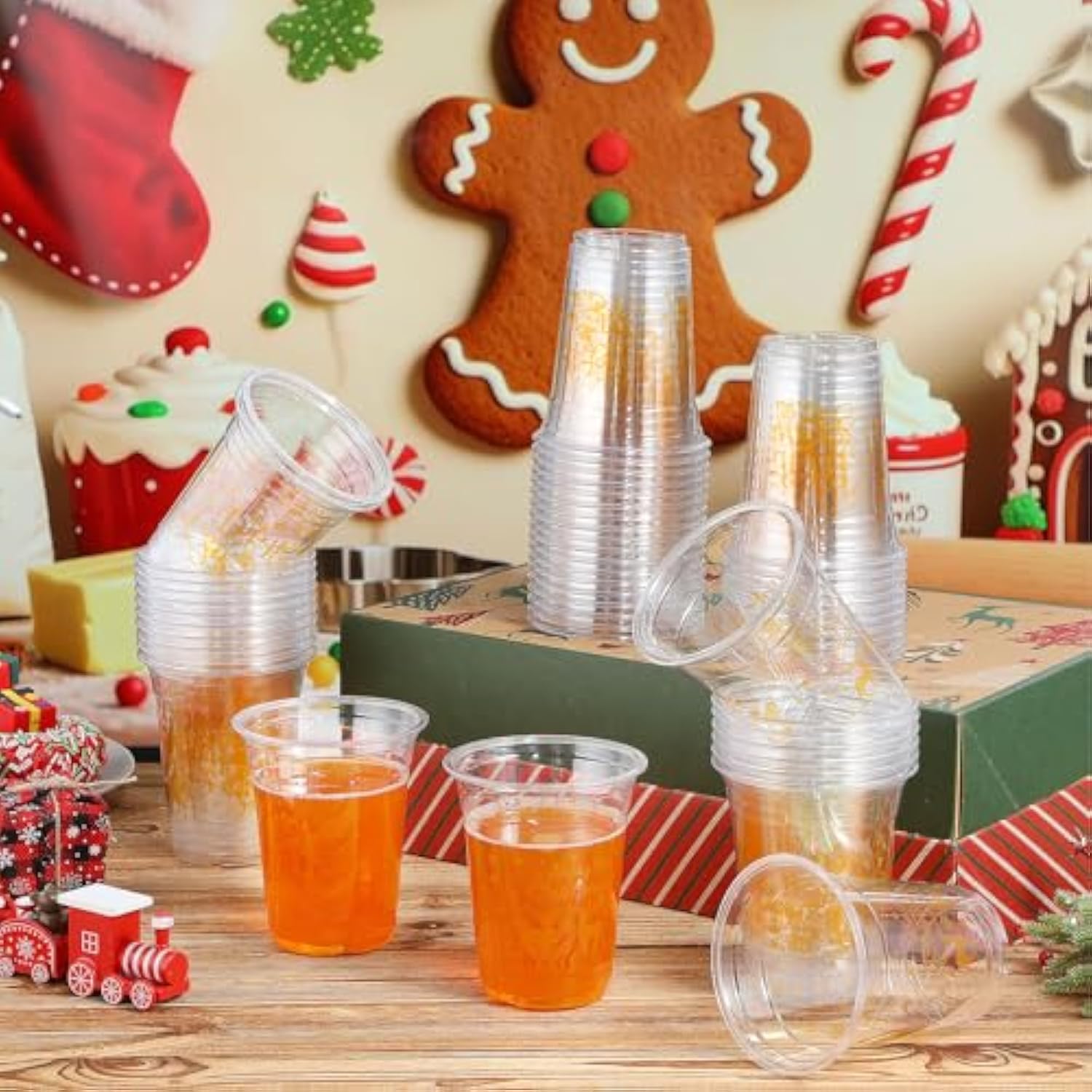 50 Pc 12oz Christmas Plastic Cups Clear Xmas Winter Party Supplies