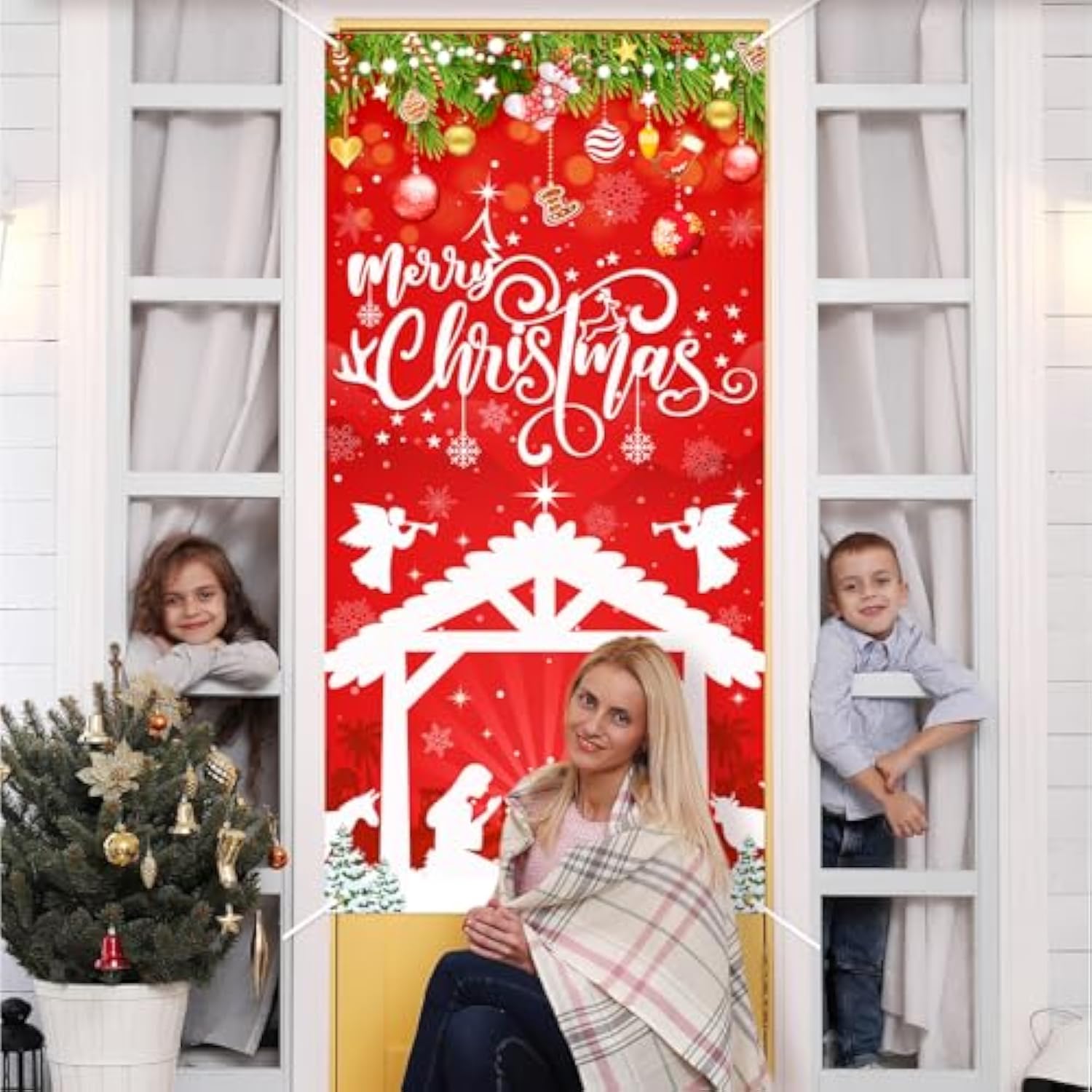 Christmas Nativity Door Cover Decorations Red Religious Merry Christmas Banner Jesus Christmas Decorations For Winter Xmas Party Indoor Outdoor