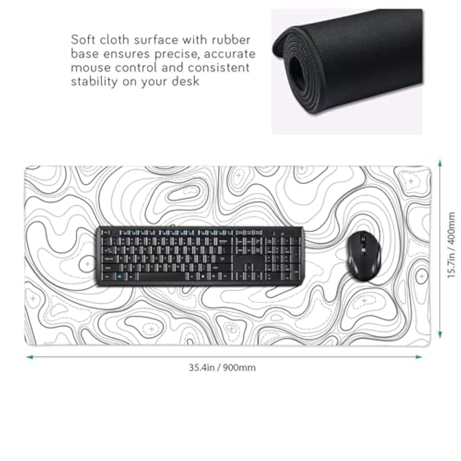 Large Gaming Mouse Pad White Topographic Contour Mouse Pad With Stitched Edges & Nonslip Rubber Base Extended Xxl Long Mousepad Big Desk Mat For Company Office Work, 35.4 X 15.7 In