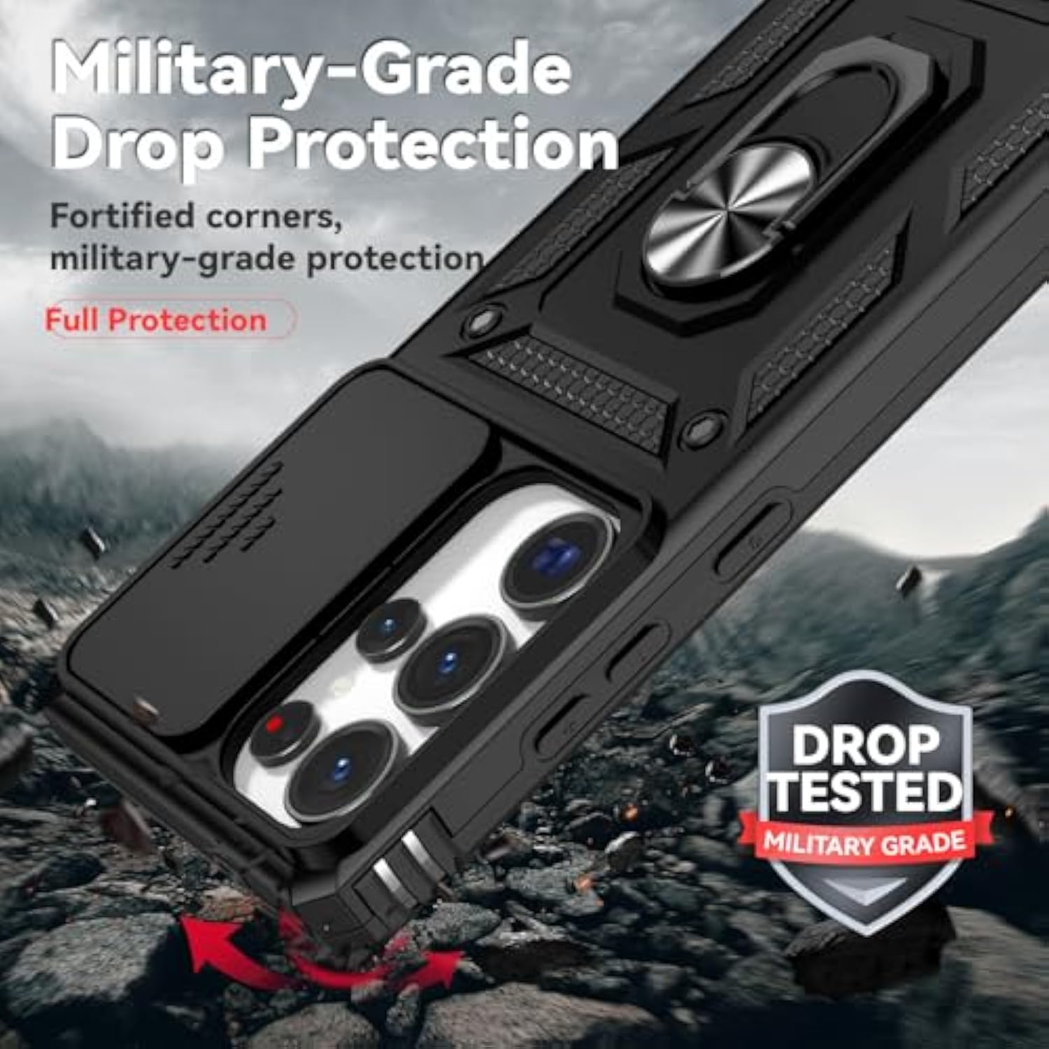 For Samsung Galaxy S25 Ultra Case With Slide Camera Cover Hd Screen Protector [Military Grade Drop Tested] Magnetic Ring Holder Kickstand Protective Phone Case For Samsung Galaxy S25 Ultra 2025, Black