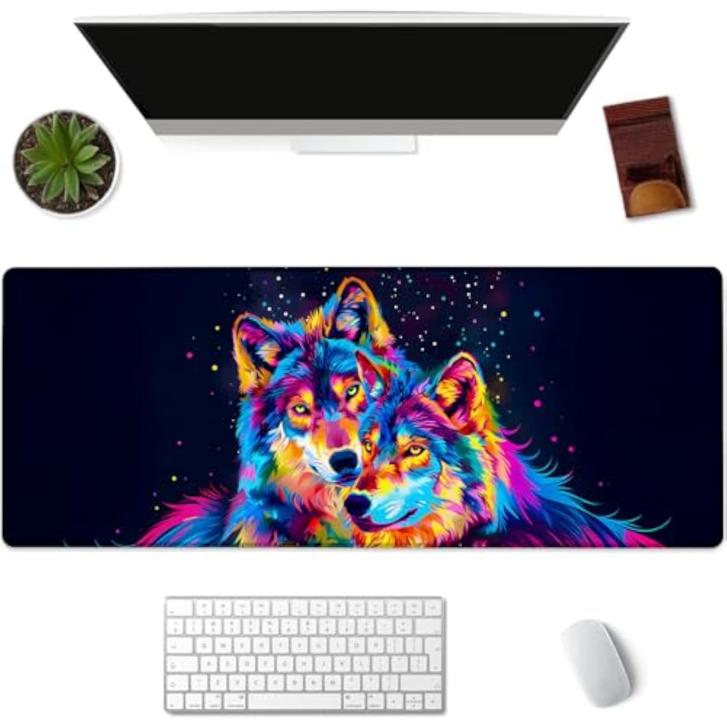 Wolf Gaming Mouse Pad, Colorful And Black Background Mousepads For Gaming Home Office Work, Extended Mats Computer Keyboard Laptop, 31.5×11.8 Inch Large Desk Mat With Non-Slip Rubber Base