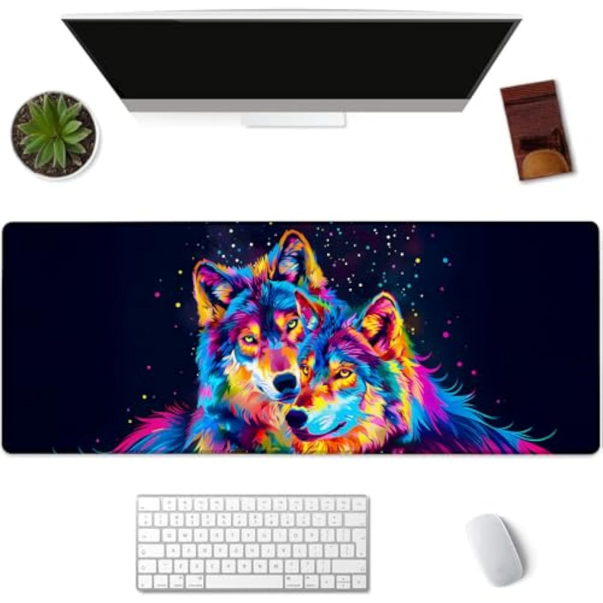 Wolf Gaming Mouse Pad, Colorful And Black Background Mousepads For Gaming Home Office Work, Extended Mats Computer Keyboard Laptop, 31.5×11.8 Inch Large Desk Mat With Non-Slip Rubber Base