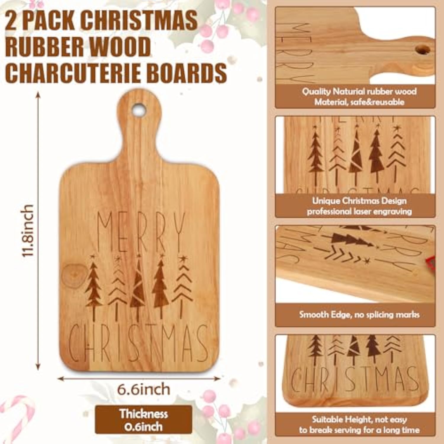 2 Pcs Merry Christmas Wood Cutting Board With Ribbon Xmas Tree Kitchen Charcuterie Board Serving Platter Tray For Winter Home Party Gift Decor