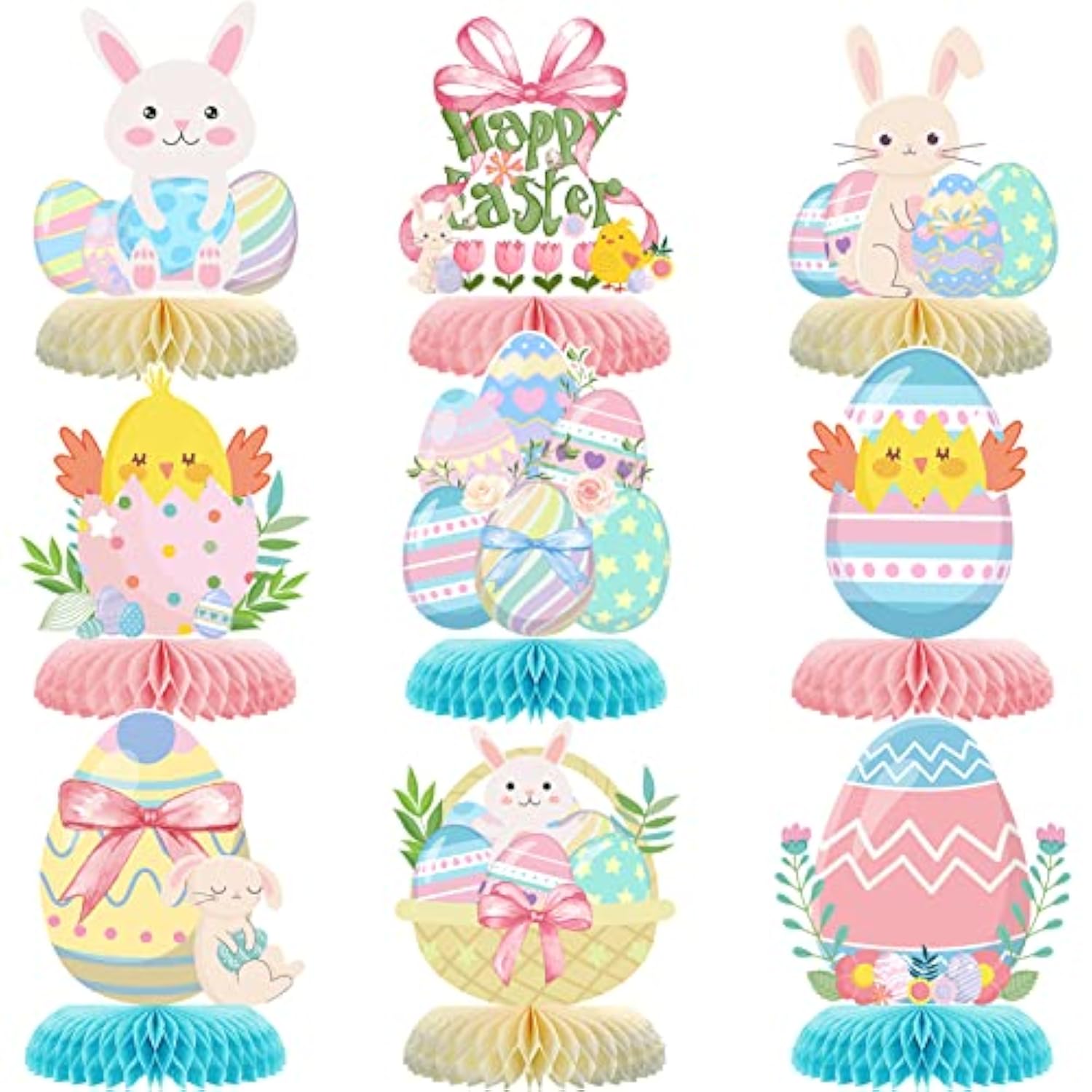 9Pcs Easter Honeycomb Centerpieces Party Decorations,Happy Easter Bunny Easter Egg Centerpieces 3D Table Honeycomb For Spring Easter Rabbit Photo Prop Party Supplies