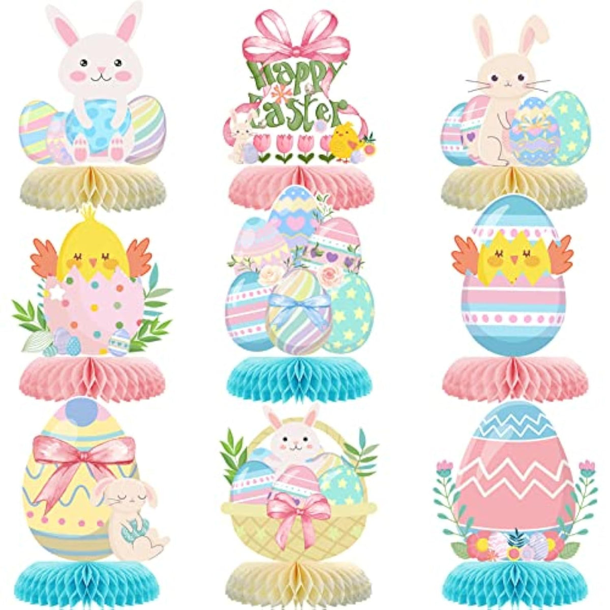 9Pcs Easter Honeycomb Centerpieces Party Decorations,Happy Easter Bunny Easter Egg Centerpieces 3D Table Honeycomb For Spring Easter Rabbit Photo Prop Party Supplies
