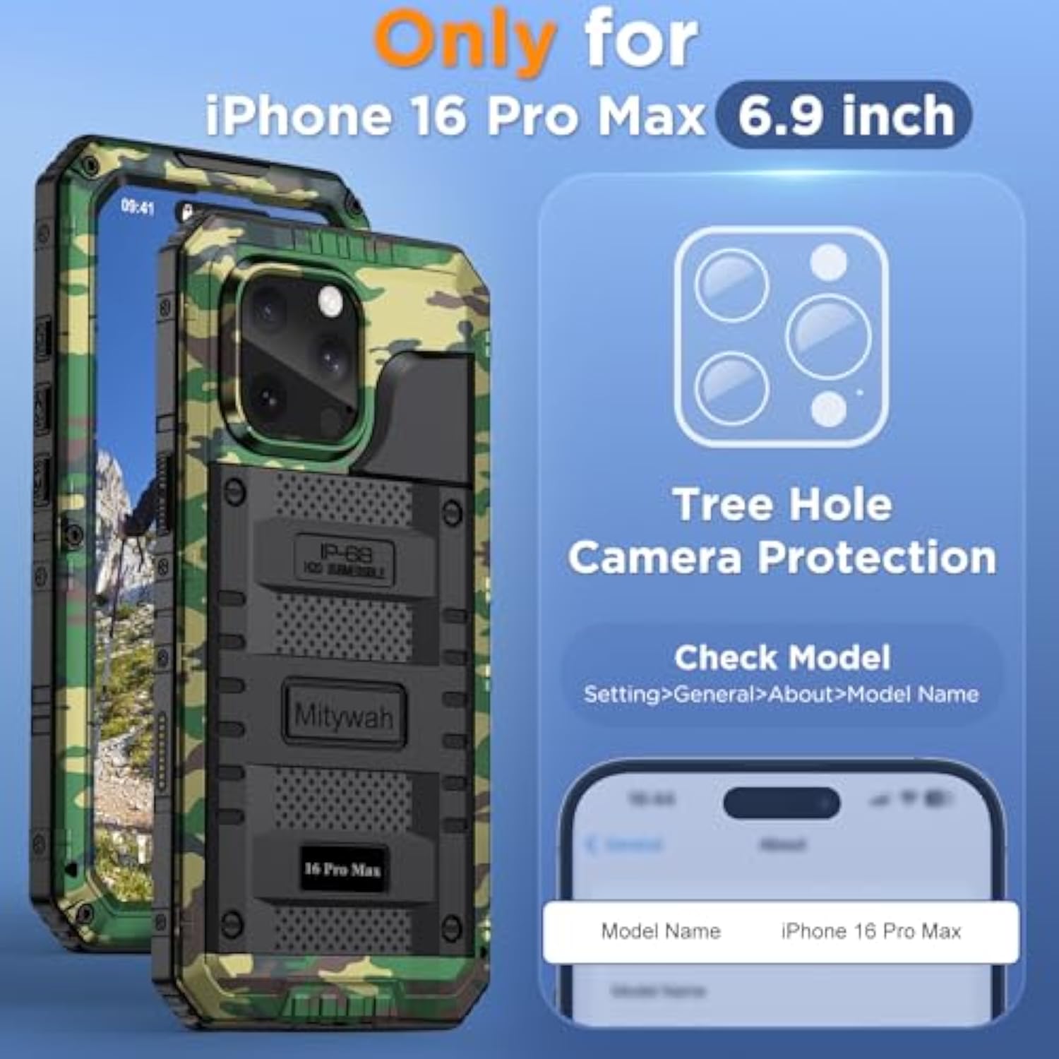 Waterproof Case For Iphone 16 Pro Max, Shockproof Heavy Duty Case With Built-In Screen Protector, Underwater Full Body Protective Metal Case 6.9 Inch, Camouflage