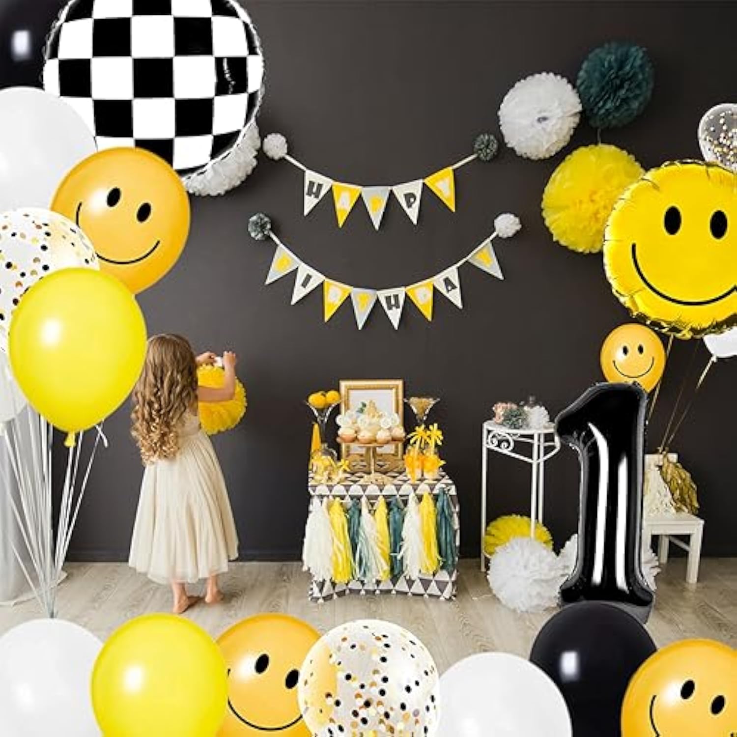 29Pcs One Happy Dude First Birthday Party Decorations Yellow White Black Balloons Checkered Number 1 Balloon For Smile Face First Birthday Decoration Supplies