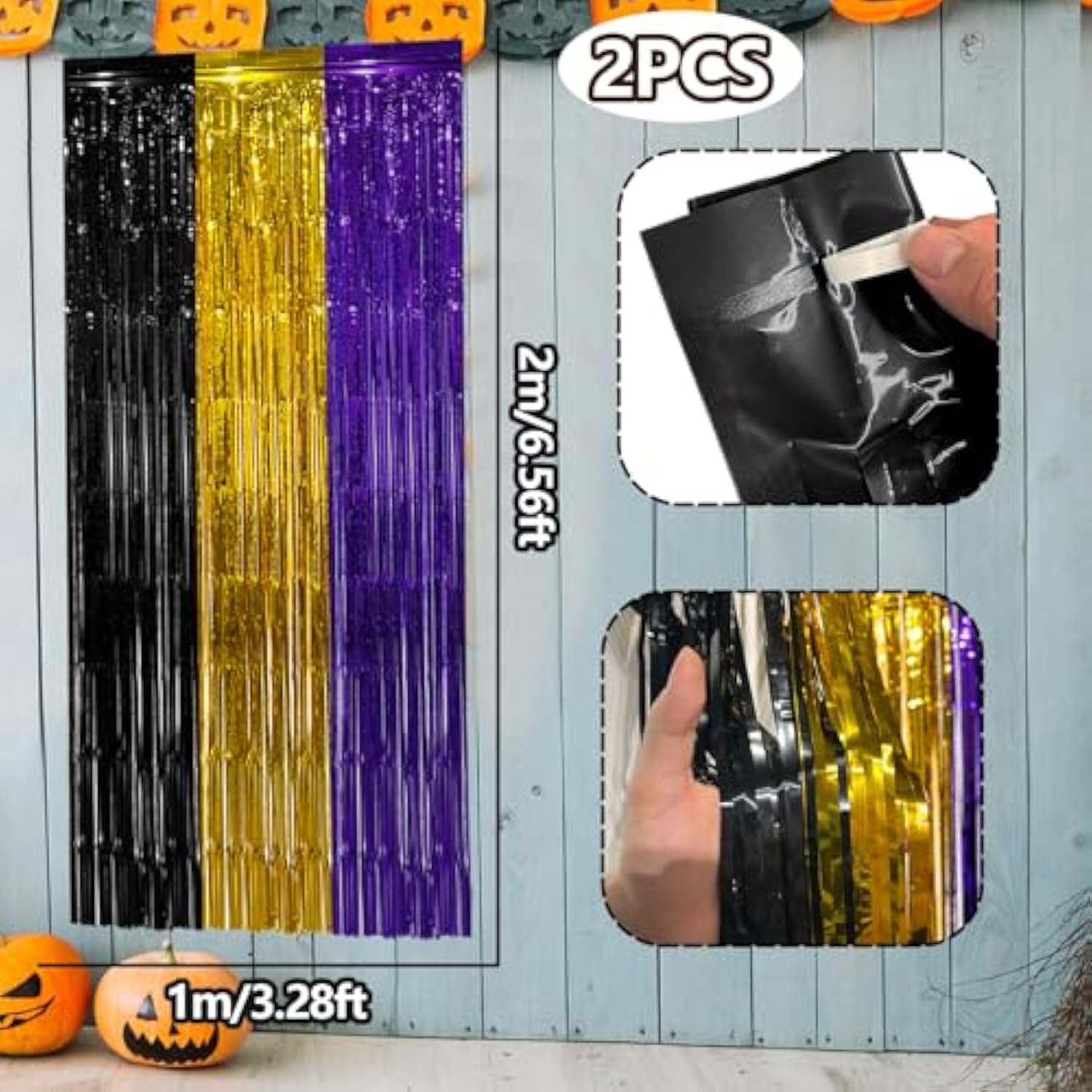 2 Pack Purple Gold Black Foil Fringe Curtains 3.28x6.56ft Backdrop Halloween Decor