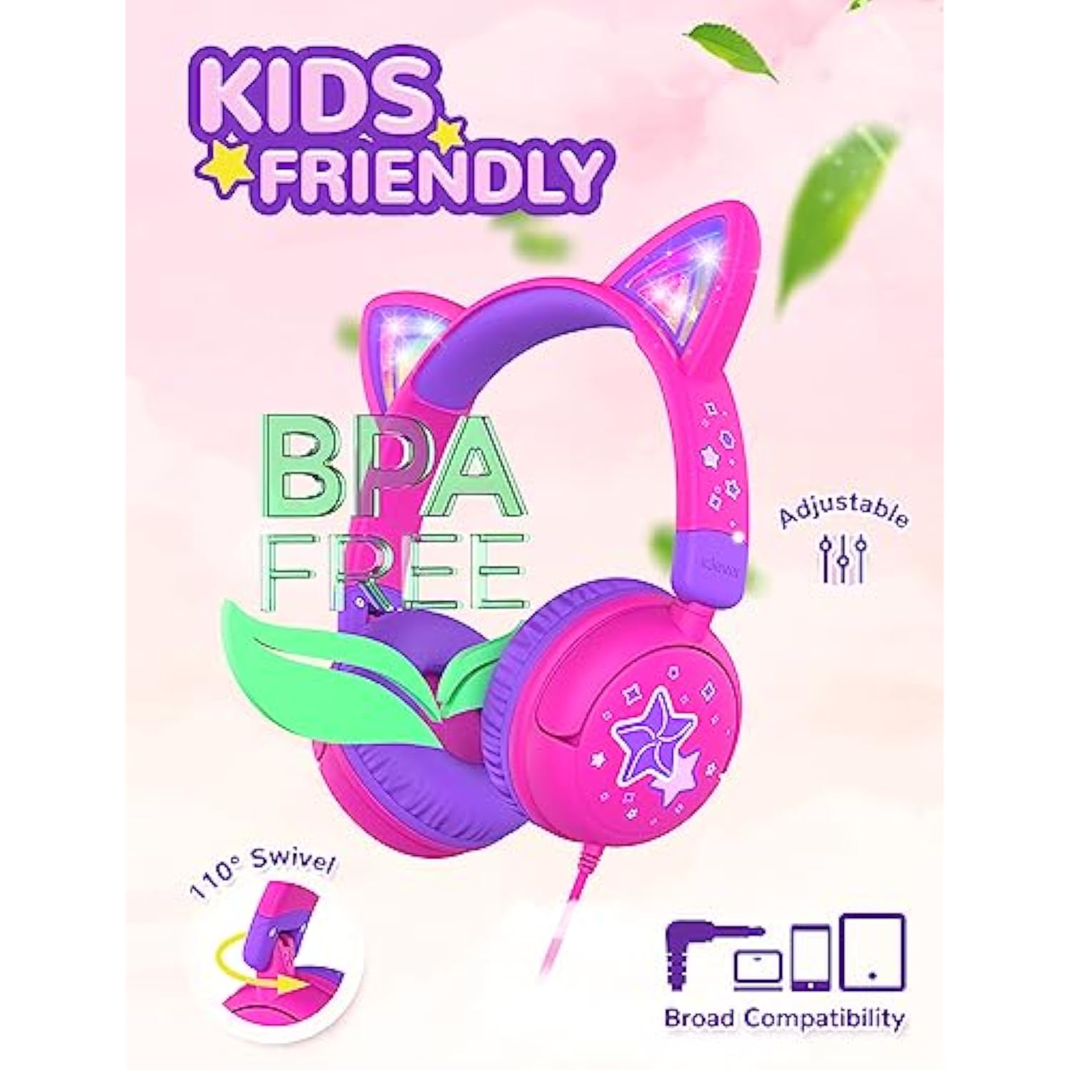 iClever Kids Headphones Cat Ear, LED Light Up, 85dBA Safe Volume, Stereo Sound