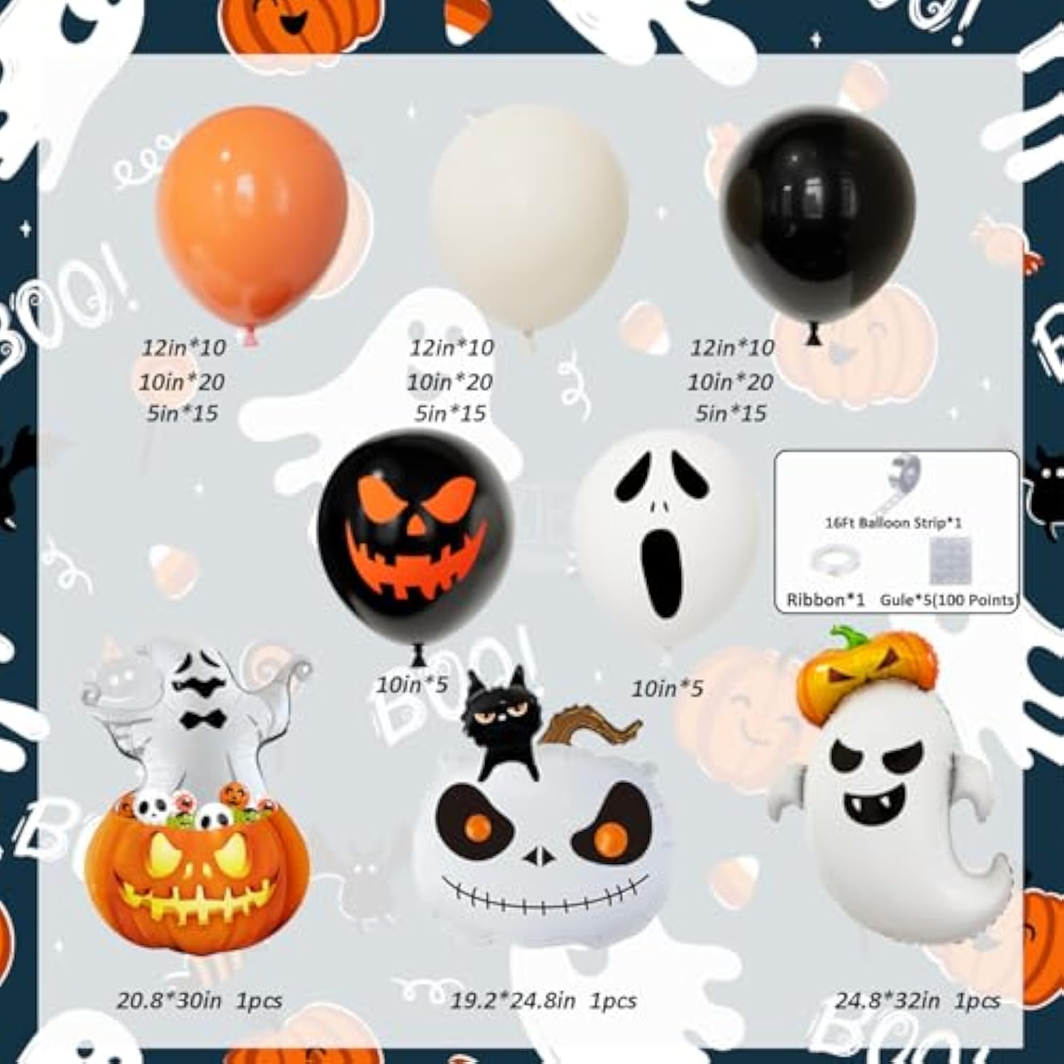152pcs Halloween Balloon Garland Kit with Orange, Ivory, Black Balloons & Pumpkin Ghost Cat Foils