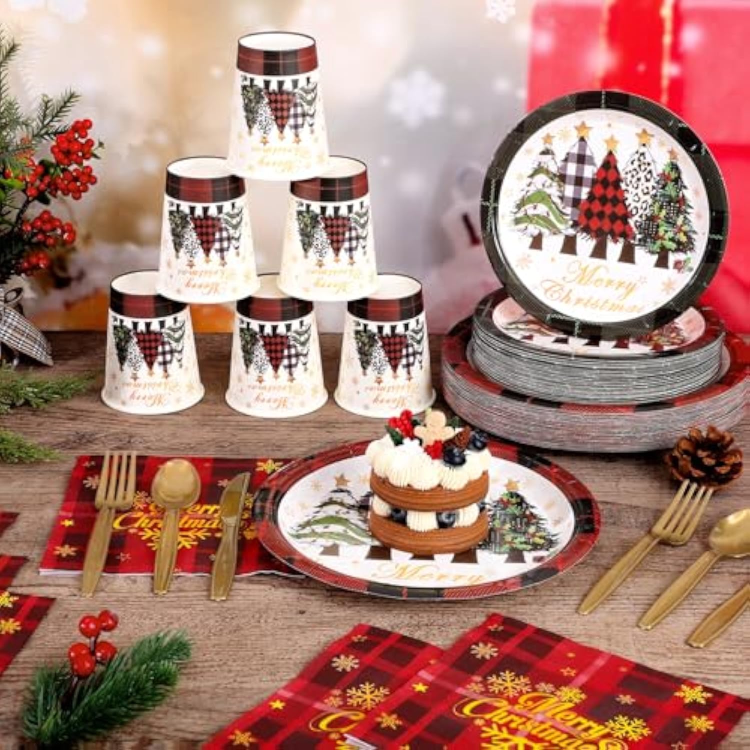 350 Pcs Christmas Paper Plates And Napkins Set, Buffalo Plaid Xmas Tree Disposable Dinnerware Set Holiday Party Plates For Xmas Winter New Year Holiday